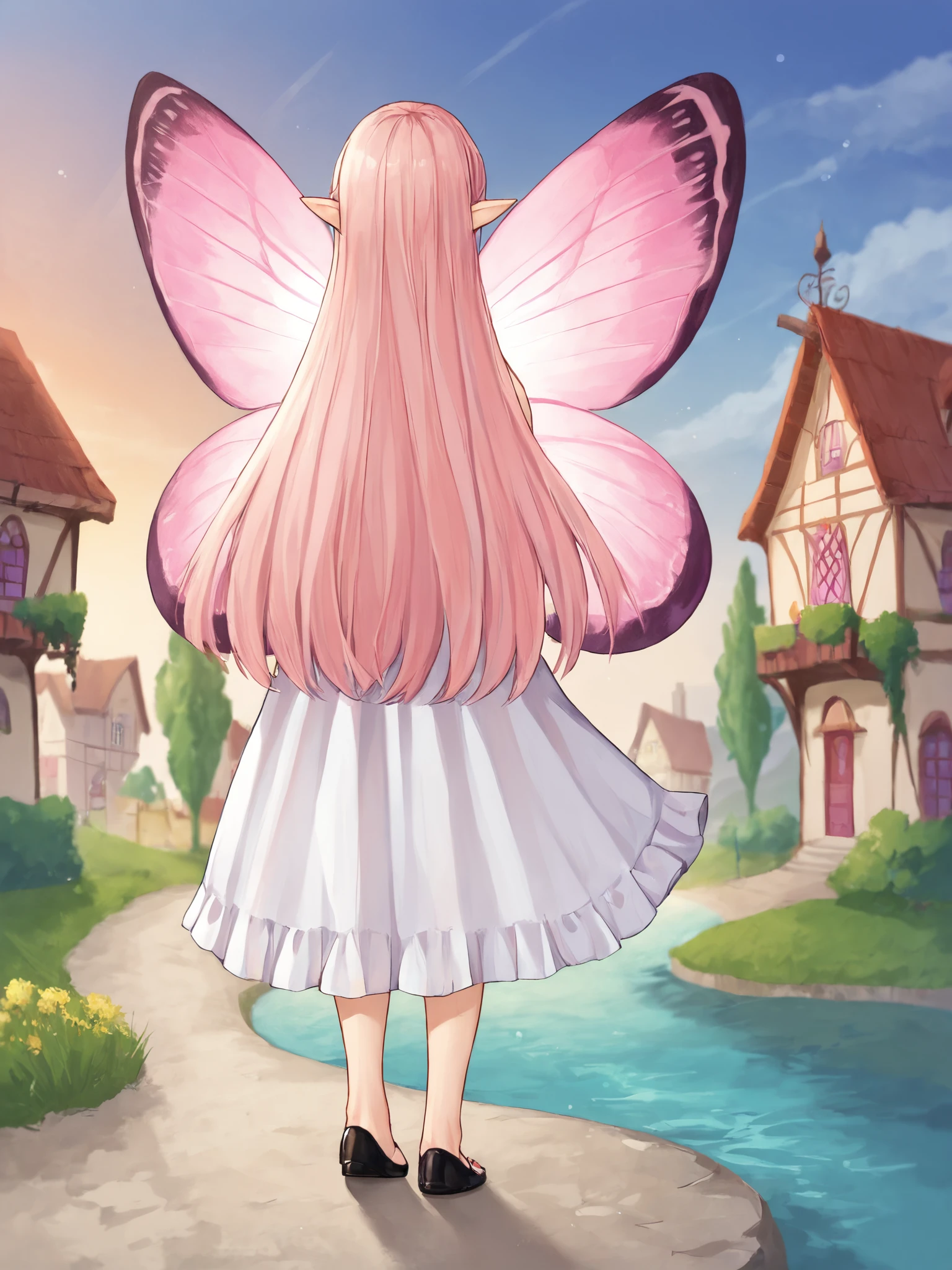 score_9, score_8_up, score_7_up, BREAK,
1girl, solo, BREAK,
coralfategrandorder, fairy, pointy ears, long hair, pink hair, white dress, butterfly wings, fairy wings, insect wings, pink wings, shoes, black footwear, <lora:Coral:0.7>, BREAK,
full body, standing, from behind, facing away, BREAK,
outdoors, town, houses, river, fountain, BREAK,
orange sky, purple sky, sunset