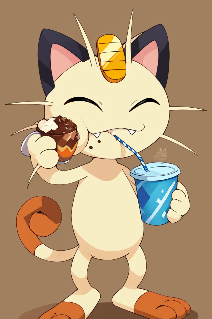 score_9, score_8_up, score_8,  ,,,  zzMeowth, holding, standing, closed eyes, food, cup, ^ ^, eating, brown background, meme, drinking straw,  ,<lora:MeowthPokedexPDXL:1.0>,   ,,, ,,, embedding:zPDXL, Expressiveh, <lora:CatalystStylePDXL:0.6>,  <lora:SDXLFaeTastic2400:0.5>,  <lora:Expressive_H-000001:0.4>,