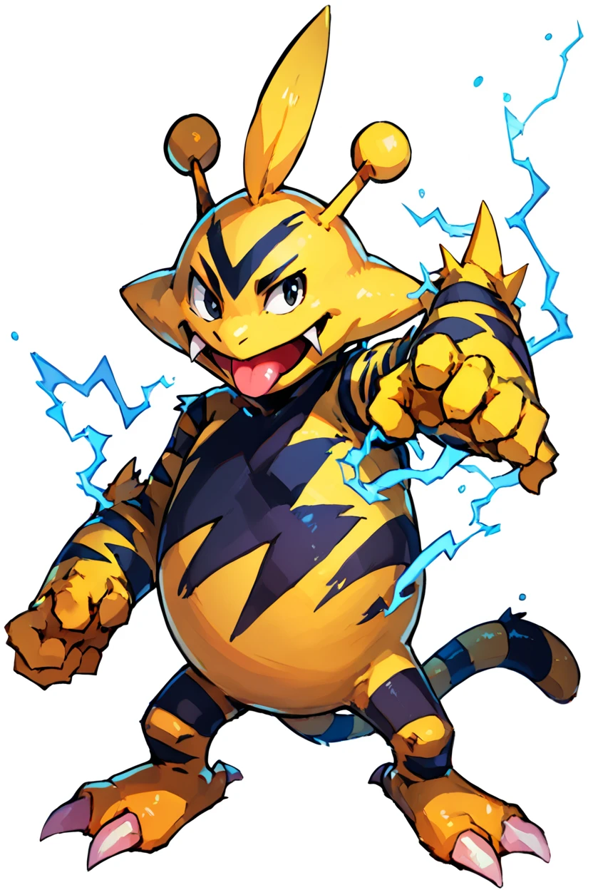 score_9, score_8_up, score_8,  ,,,  zzElectabuzz, looking at viewer, simple background, white background, standing, full body, tongue, black eyes, fangs, claws, electricity,  <lora:ElectabuzzPokedexPDXL:1.0>,   ,,, smile, looking at viewer,  abstract background, white outline,  ,,, embedding:zPDXL, Expressiveh, <lora:CatalystStylePDXL:0.6>,  <lora:SDXLFaeTastic2400:0.5>,  <lora:Expressive_H-000001:0.4>,