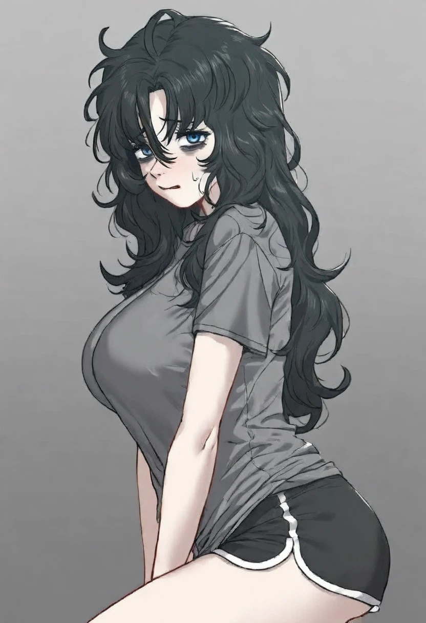 gye baeksun, looking at the viewer, long hair, gray shirt, dolphin shorts, short shorts, black hair, messy hair, breasts, large breasts, blue eyes, bags under eyes, nervous, from side, <lora:Character_Gye Baeksun - Authentic:1>