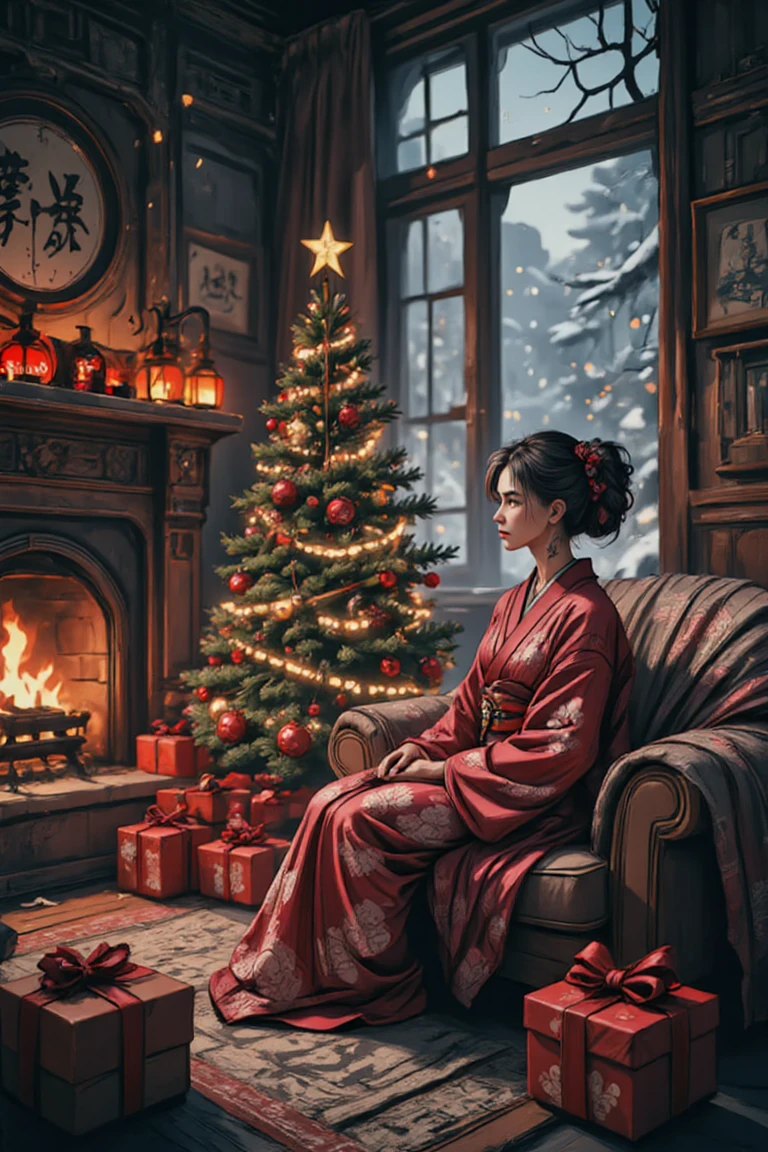 A warm and inviting Christmas living room scene: a beautifully decorated tree stands tall beneath a cozy blanket, surrounded by vibrant gifts wrapped in shimmering paper. Glowing light trails radiate from select presents, symbolizing achievements and rewards. A crackling fire dances in the fireplace as soft snowflakes gently fall outside the window, casting a serene ambiance. A kimono-clad figure sits comfortably on the couch, surrounded by holiday cheer, basking in the joy of accomplishment and celebration.,blue light