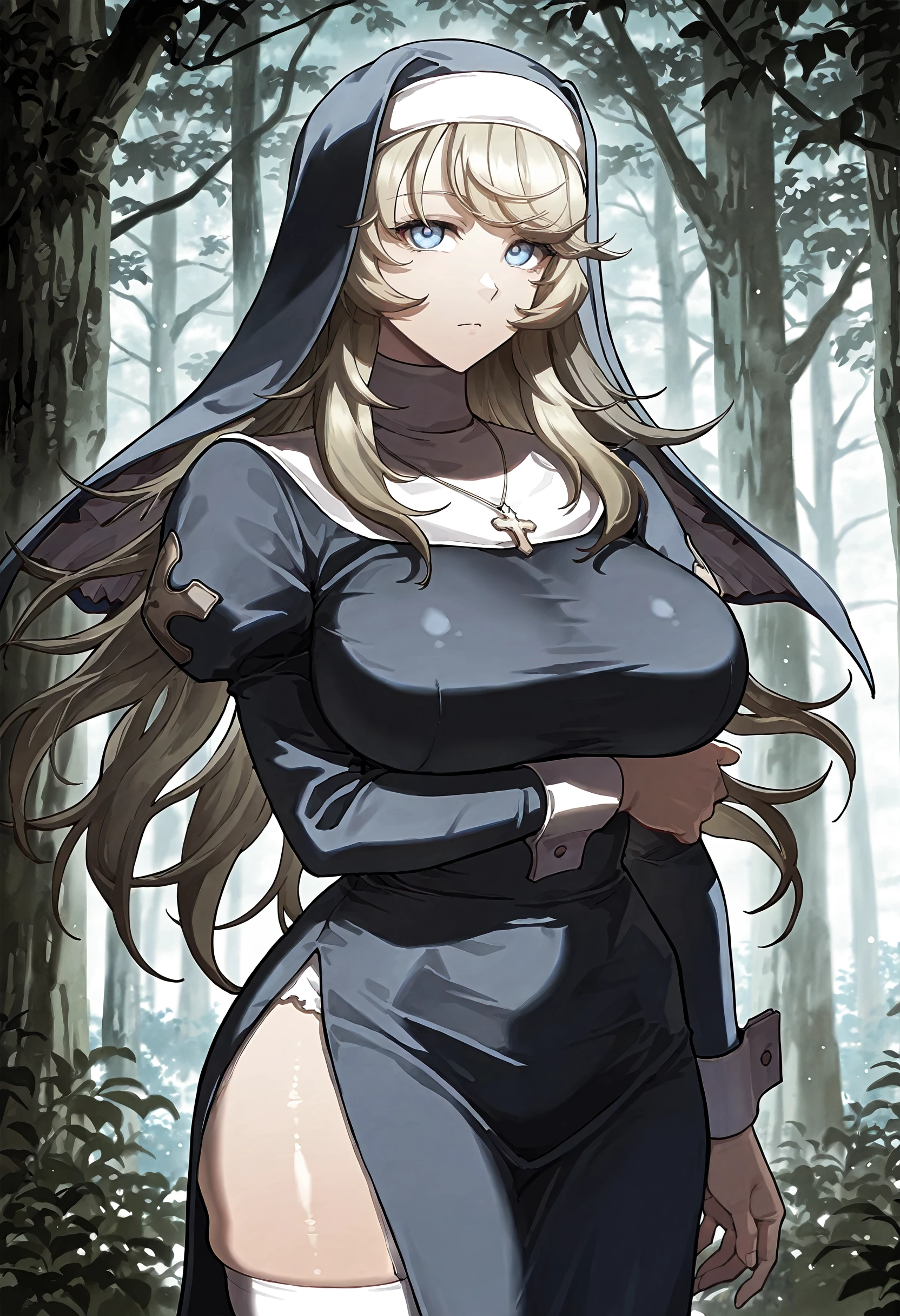 masterpiece, best quality, amazing quality, very aesthetic, absurdres, newest, scenery, 1girl, solo, huge breasts, <lora:Anise Slywood illustxl:1> blonde hair, long hair, blue eyes, swept bangs, traditional nun, habit, cross necklace, white turtleneck, black dress, juliet sleeves, long sleeves, side slit, white thighhighs, standing, upper body, forest, outside, looking at viewer, shiny skin, masterpiece, best quality, amazing quality, very aesthetic, absurdres, newest, scenery