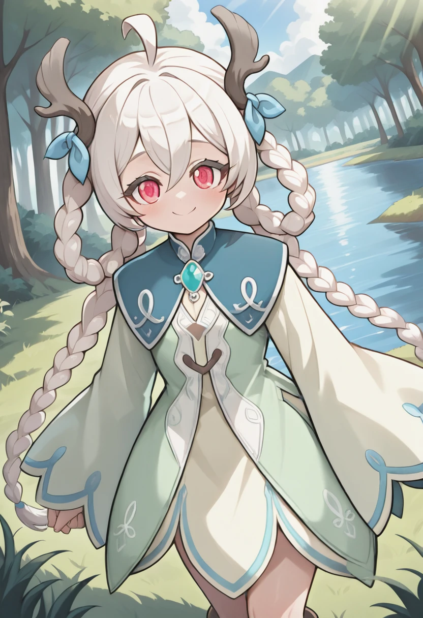 masterpiece,best quality,absurdres,perfect lighting,sky,(lake:0.9),grasslands,forest,
*//*,<lora:Lynn_Illustrious:1>,lynn,long hair,white hair,twin braids,bangs,ahoge,hair berween eyes,red eyes,dress,long sleeves,wide sleeves,boots,antlers,hair rings,smile,
*//*,looking at viewer,cowboy shot,dutch angle,