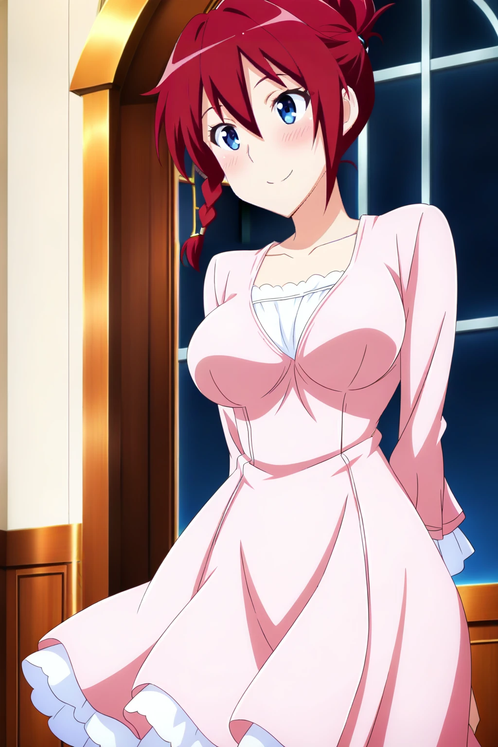 anime screenshot, rail wars!, sakurai aoi, 1girl, solo, red hair, folded ponytail, braid. blue eyes, medium breasts, dress, pink dress, long sleeves, collarbone, smile, blush, arms behind back, cowboy shot, indoors, church, masterpiece, best quality, high quality, highres, absurdres, <lora:sakurai_aoi_ILXL:0.9>