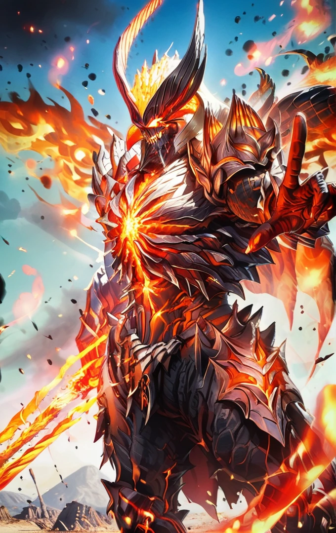 <lora:Sin_Devil_Trigger_Dante:1> Sin Devil Trigger Dante standing victorious on a battlefield, surrounded by fallen enemies and burning wreckage. His armor is covered in glowing marks from battle, and his eyes glow menacingly. He holds his massive sword with one hand, pointing it toward the horizon. The sky is filled with smoke and ash, and the atmosphere feels heavy and intense.