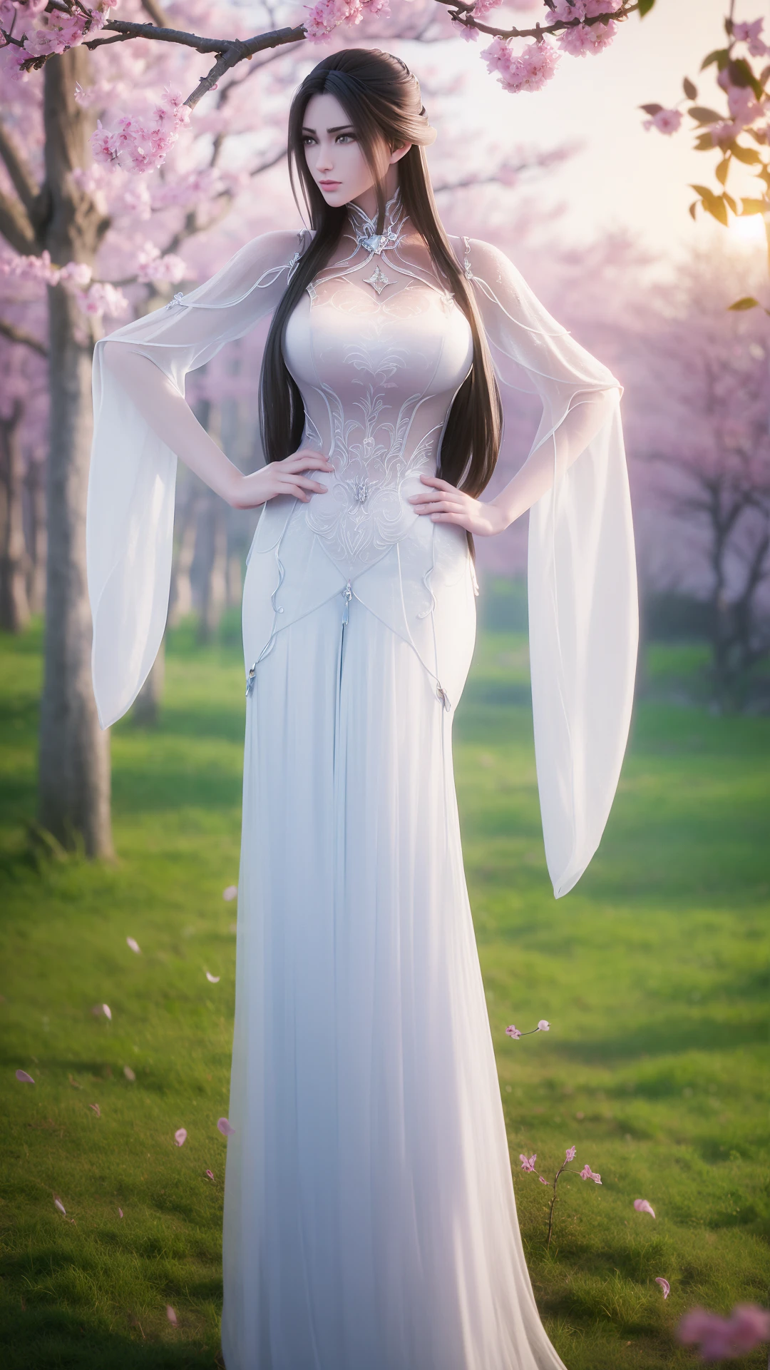 1girl,solo,long hair,l hanfu,high heels,closed mouth,(gigantic breasts),looking at viewer,standing,hands on own hips,outdoors,((glowing)),day,sky,((sunlight)),sunset,((plum blossoms)),ancient chinese imperial palace,romantic,fantasy style,full body,depth of field,Highly detailed,(ultra-detailed),(best quality:1.5,masterpiece:1.5),(SFW:1.5),<lora:luxueqi-000012:0.85>,<lora:ç»èè°æ´2.0:0>,