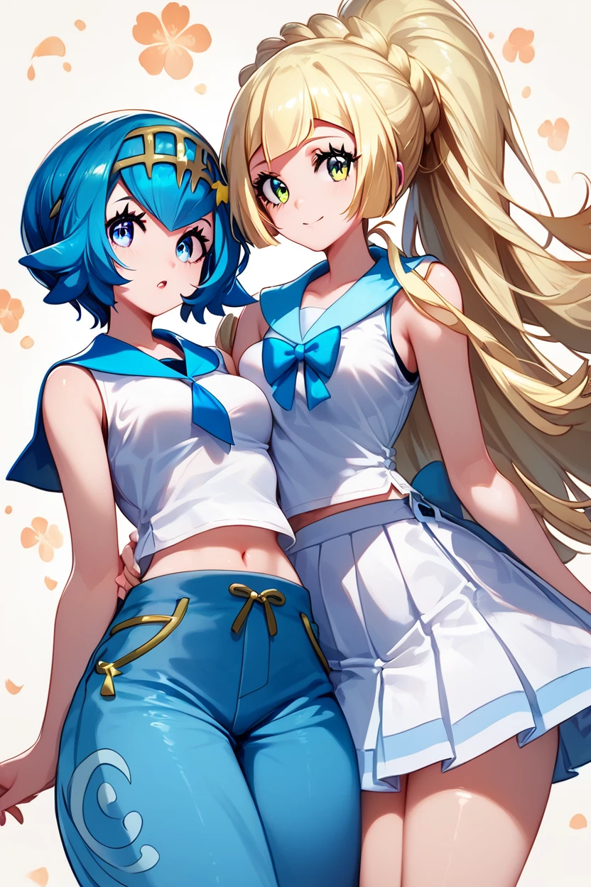 score_9, score_8_up, score_8, medium breasts, (curvy), cute, eyelashes,      ,,,  LllLn, 2girls,  zzLana, yellow hairpiece, blue hair, white shirt, sleeveless shirt,  sailor collar, blue pants, baggy pants, zzlillie, long hair, French braid, white shirt, short sleeves, white skirt, pleated skirt,  cowboy shot,   ,<lora:LillieLanaPDXL:0.8>,  <lora:ProAnime_PDXL_v1:0.7>,  ,,, embedding:zPDXL, Expressiveh, <lora:SDXLFaeTastic2400:0.5>,  <lora:Expressive_H-000001:0.4>,