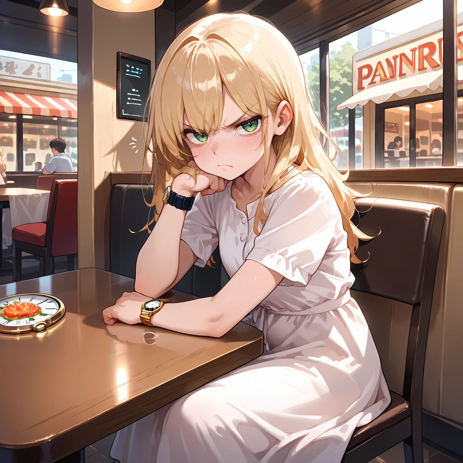 score_9, score_8_up, score_7_up,source_anime, 1girl, green eyes, blonde hair, white dress, casual, short sleeves, <lora:Something is always too late:0.8> wfpdw, restaurant, sitting, on chair, at table, wristwatch, waiting, annoyed, cowboy shot, (disgust:1.1), looking at viewer,