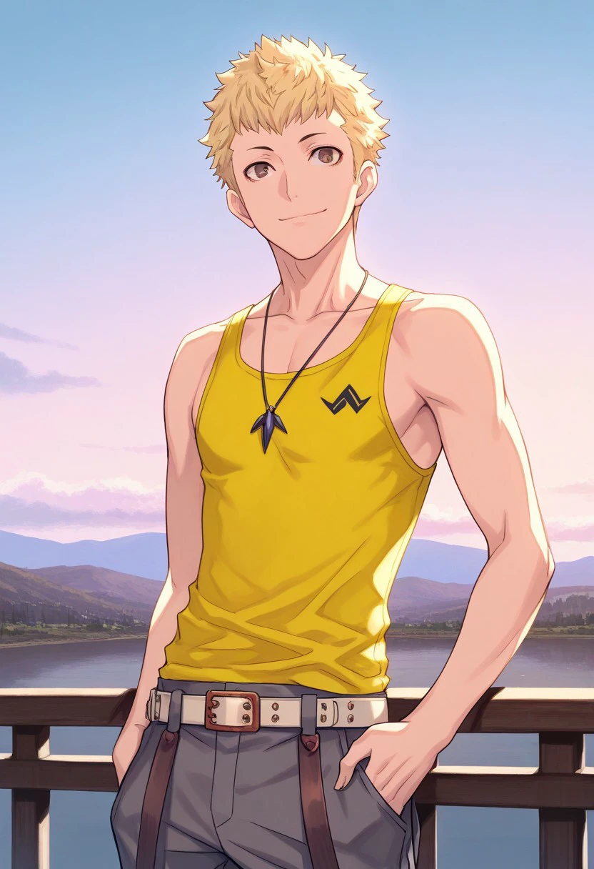 masterpiece, best quality, 
ryuji, 1boy, male focus solo, brown eyes, blonde hair, short hair, tank top, yellow tank top, jewelry, necklace, belt, pants, grey pants, outdoor, sky, smile,