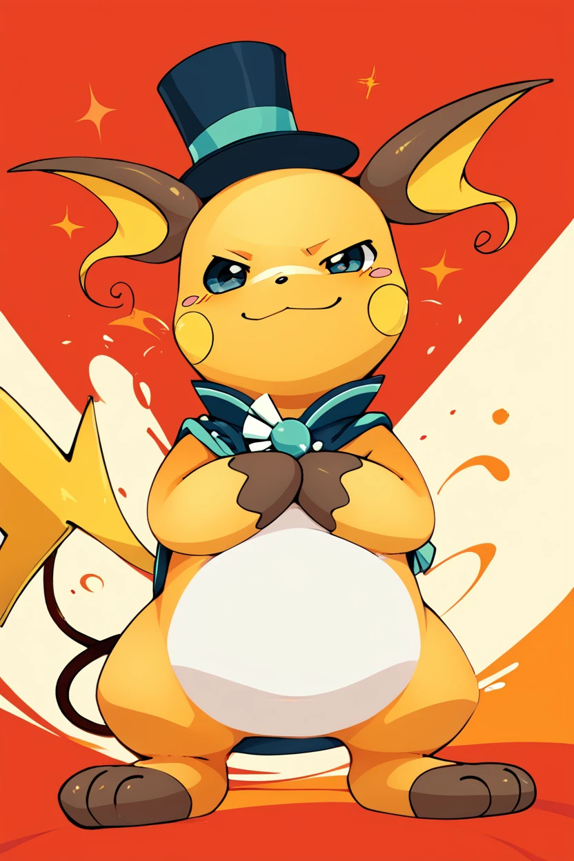 score_9, score_8_up, score_8,  ,,,  zzRaichu, raichu (pokemon), looking at viewer, smile, closed mouth, standing, full body, black eyes, toes, :3, blush stickers, crossed arms, red background, legs apart, smirk, smug, sunburst,  sunburst background, (top hat),   ,<lora:RaichuPokedexPDXL:1.0>,  ,,, embedding:zPDXL, Expressiveh, <lora:CatalystStylePDXL:0.6>,  <lora:SDXLFaeTastic2400:0.5>,  <lora:Expressive_H-000001:0.4>,