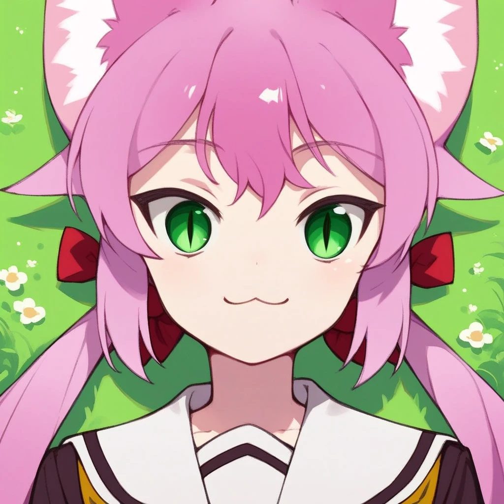 score_9, score_8_up, score_7_up, source_anime, highly detailed,kurumi, 1girl, animal ears, solo, tail, green eyes, skirt, yellow neckerchief, school uniform, long hair, smile, cat ears, upper body, pleated skirt, twintails,neckerchief, pink hair, animal ear fluff, cat tail,outdoors, grass,