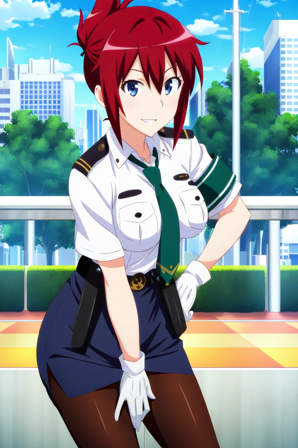 anime screenshot, rail wars!, sakurai aoi, 1girl, solo, red hair, folded ponytail, blue eyes, medium breasts, police uniform, white shirt, collared shirt, short sleeves, green necktie, armband, green armband, blue skirt, pencil skirt, black belt, white gloves, holster, black pantyhose, looking at viewer, parted lips, smile, hand on own hip, hand on own thigh, cowboy shot, outdoors, city, road, blue sky, day, masterpiece, best quality, high quality, highres, absurdres, <lora:sakurai_aoi_ILXL:0.9>