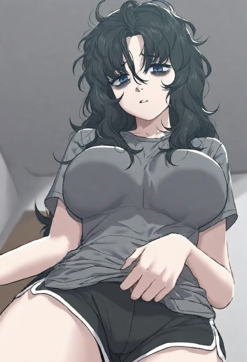gye baeksun, looking at the viewer, long hair, gray shirt, dolphin shorts, short shorts, black hair, messy hair, breasts, large breasts, blue eyes, bags under eyes, x-arms, from below, <lora:Character_Gye Baeksun - Authentic:1>