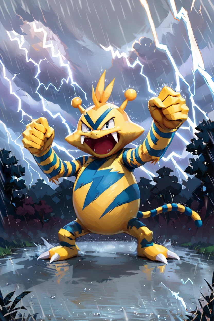 score_9, score_8_up, score_8,  ,,, , ,,, zzElectabuzz, open mouth, standing, full body, outdoors, sky, tongue, cloud, black eyes, fangs, cloudy sky, clenched hands, rain, legs apart, electricity, lightning,   <lora:ElectabuzzPokedexPDXL:1.0>,  angry, furious,  ,,,, BREAK, smile, looking at viewer, ,,, abstract background, white outline, cowboy shot, ,,, embedding:zPDXL, Expressiveh, ,,, <lora:CatalystStylePDXL:0.6>, <lora:SDXLFaeTastic2400:0.5>, <lora:Expressive_H-000001:0.4>,