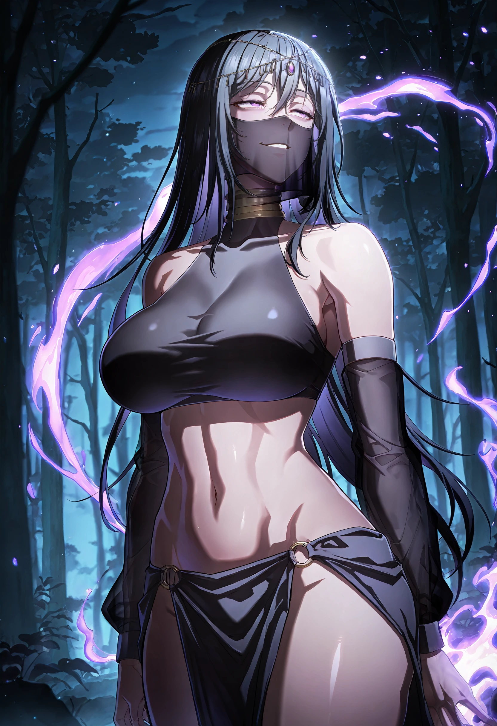 masterpiece, best quality, amazing quality, very aesthetic, absurdres, newest, scenery, 1girl, solo, huge breasts, half-closed eyes, grin,<lora:Amelia Merwin illustxl:1> veil, long hair, mouth veil, black hair, purple eyes, circlet, hair between eyes, arabian clothes, gold choker, turtleneck, covered collarbone, bare shoulders, black crop top, detached sleeves, see-through sleeves, midriff, navel, o-ring, waist cape, pelvic curtain, purple aura, magic, standing, forest, dark, night, outside, looking away, shiny skin, masterpiece, best quality, amazing quality, very aesthetic, absurdres, newest, scenery