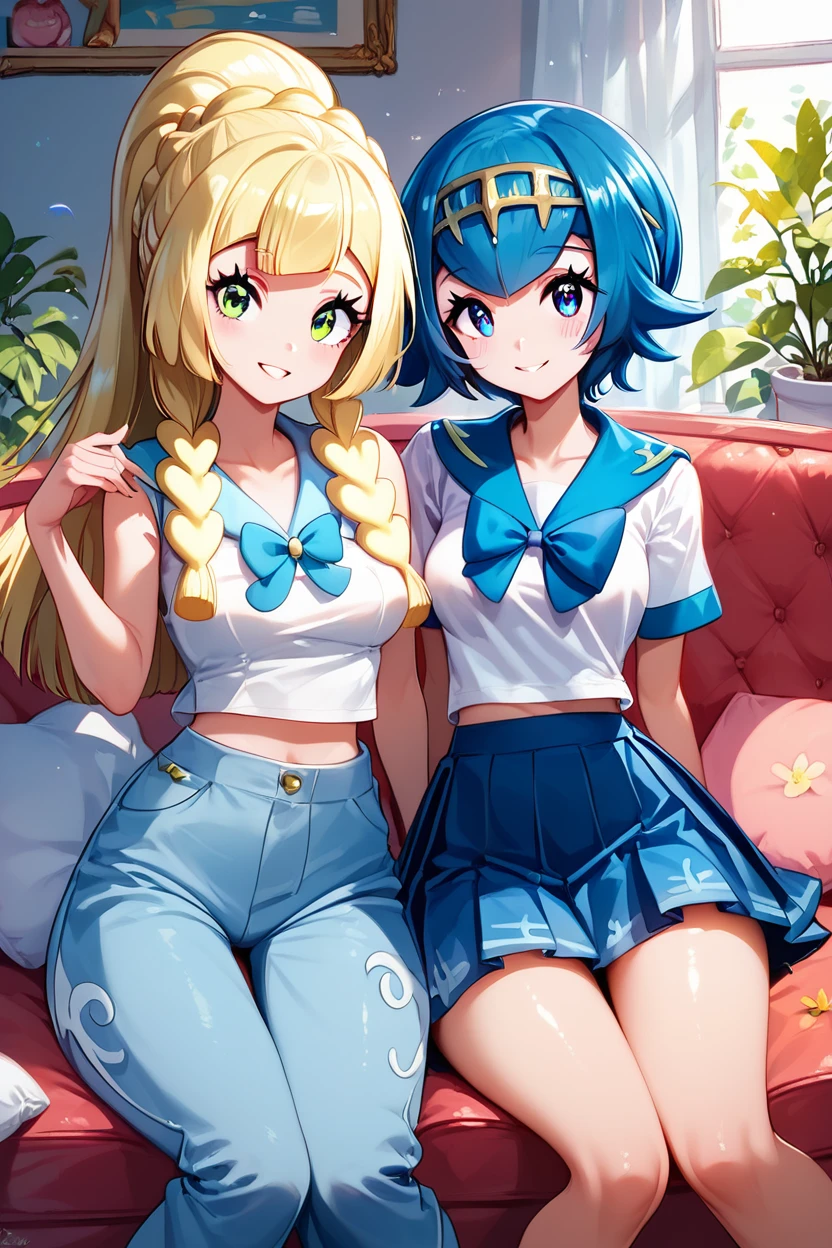 score_9, score_8_up, score_8, medium breasts, (curvy), cute, eyelashes,       ,,, , LllLn, 2girls,  zzLana, yellow hairpiece, blue hair, white shirt, sleeveless shirt,  sailor collar, blue pants, baggy pants, zzlillie, long hair, French braid, white shirt, short sleeves, white skirt, pleated skirt, ,<lora:LillieLanaPDXL:0.8>,  ,,,, BREAK, ,,, smile, looking at viewer, blush, blurry, couch, sitting, ,,, shiny skin, <lora:ProAnime_PDXL_v1:0.7>, ,,, embedding:zPDXL, Expressiveh, <lora:SDXLFaeTastic2400:0.5>, <lora:Expressive_H-000001:0.4>,