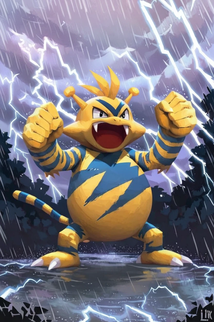 score_9, score_8_up, score_8,  ,,, , ,,, zzElectabuzz, open mouth, standing, full body, outdoors, sky, tongue, cloud, black eyes, fangs, cloudy sky, clenched hands, rain, legs apart, electricity, lightning,   <lora:ElectabuzzPokedexPDXL:1.0>,  angry, furious,  ,,,, BREAK, smile, looking at viewer, cowboy shot, ,,, embedding:zPDXL, Expressiveh, ,,, <lora:Zankuro_Style_PDXL:0.8> <lora:SDXLFaeTastic2400:0.5>, <lora:Expressive_H-000001:0.4>,