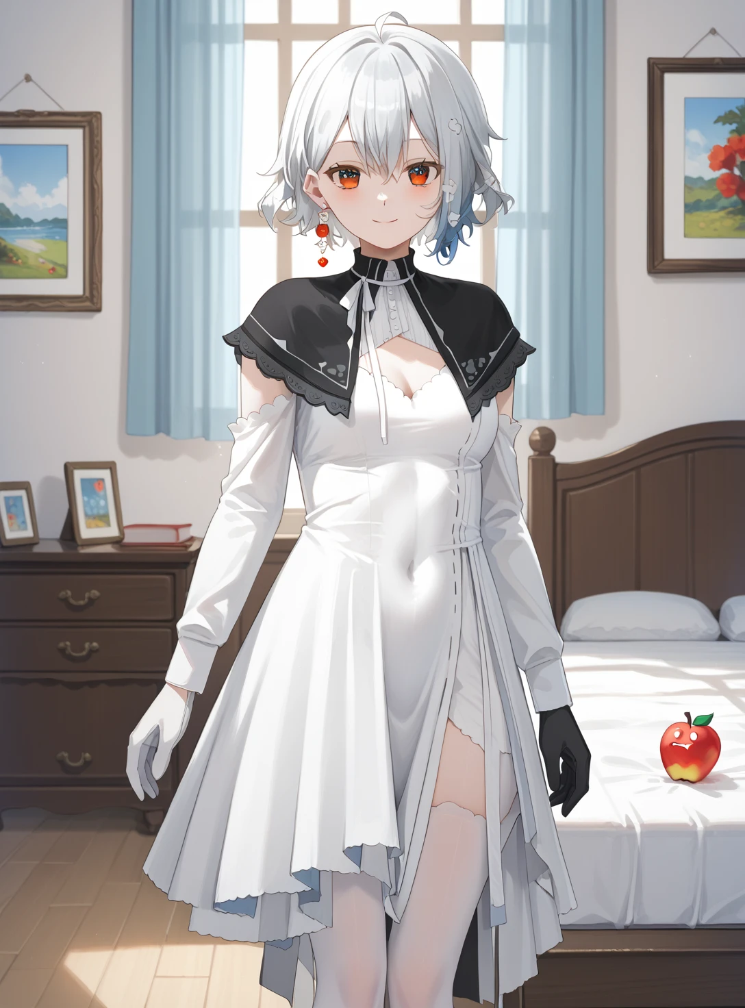 score_9, score_8_up, score_7_up, source_anime, solo, 1girl,bright colors,day, 
shirona shizuku,1girl, solo, white dress, black capelet, apple earrings, cross earrings,  asymmetrical gloves,standing, Single earring,one-piece dress, 
indoors, looking at viewer,standing, bedroom,smile, <lora:ç½é£ããã_Shirona_Shizuku__ããªãã«ã_Neo-Porte_Vtuber-000012:1>