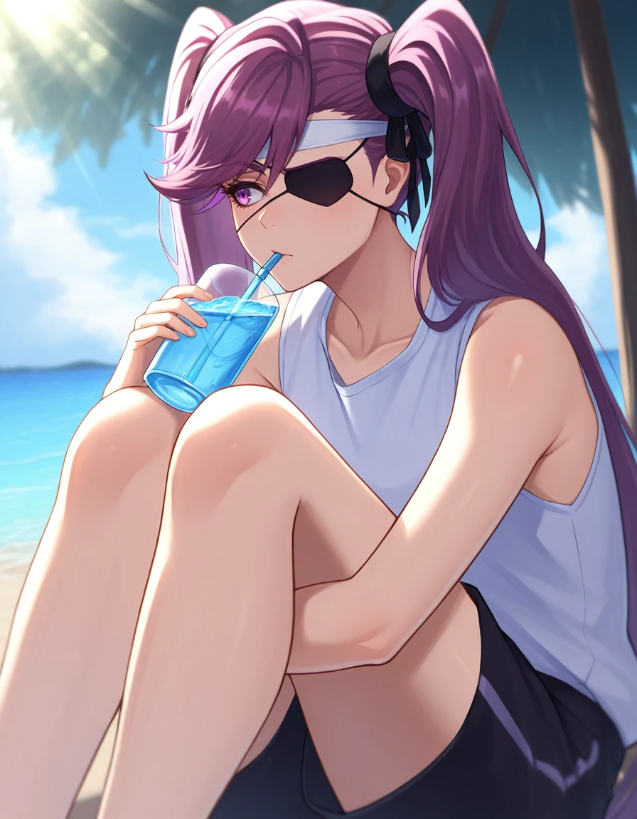 <lora:Saitou:1>sait0u, eyepatch, twintails, long hair, purple hair, purple eyes,
sitting, shorts, sleeveless shirt, drinking water, looking away,
summer, warm, sunrays, outdoors,, masterpiece, best quality