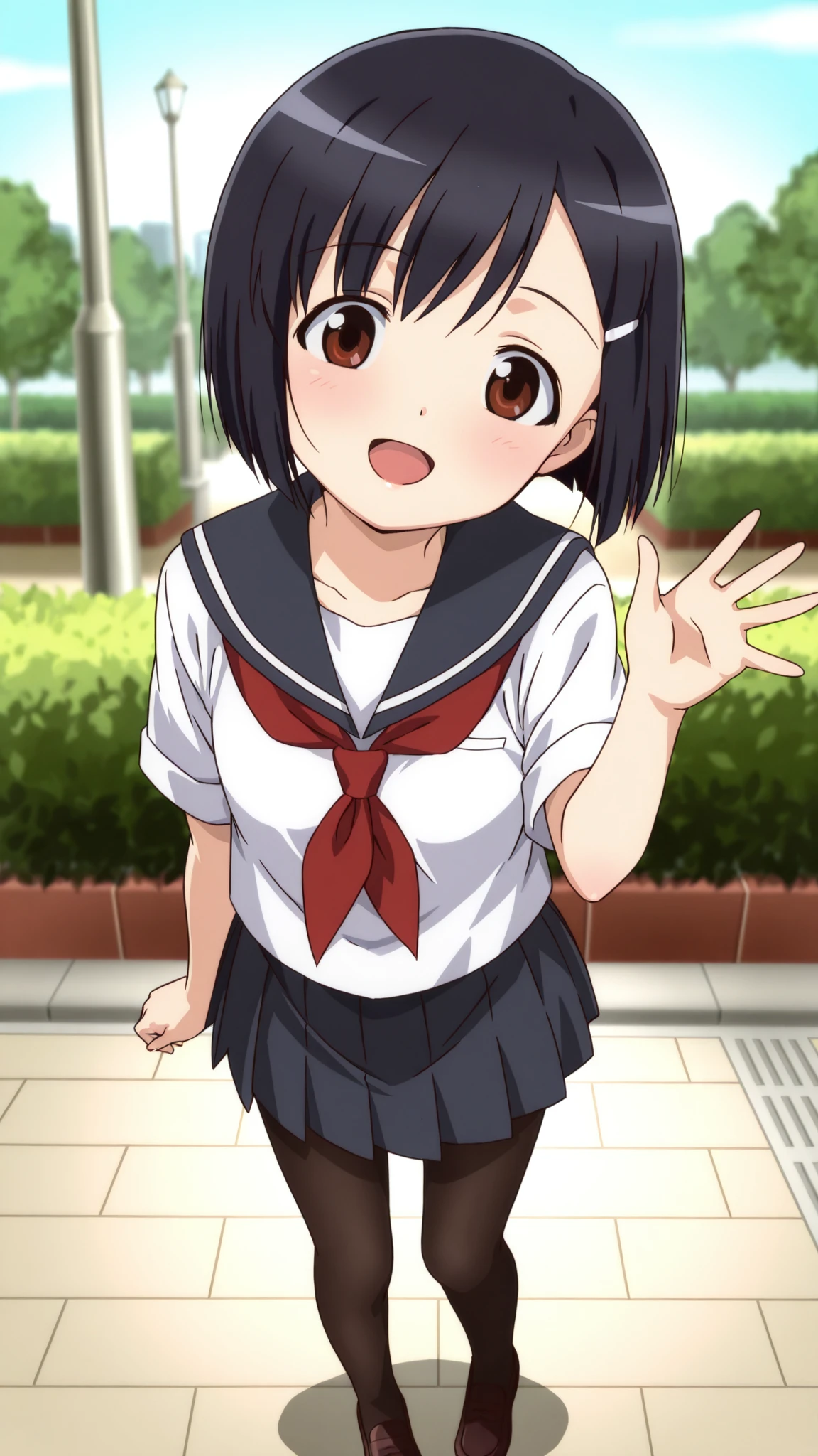 (cute face,beautiful face,detailed face,perfect face),(ultra detailed,highly detailed,best quality,masterpiece),aged down,
1girl,solo,medium breasts,open mouth,looking at viewer,facing_viewer,light smile,
tomoe,black hair,brown eyes,hairclip,school uniform,serafuku,white shirt,neckerchief,short sleeves,pleated skirt,miniskirt,pantyhose,loafers,
dutch angle,<lora:natsumushi-tomoe-illu:1>,
head tilt,standing,park,front_view,waving_hand,