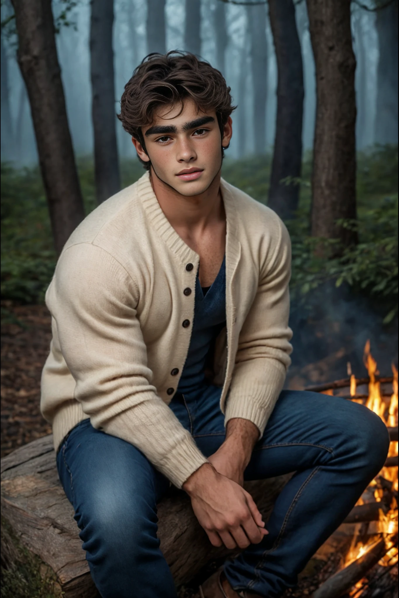 <lora:Enrique_Hernandez_GV:1>1boy, Spanish, dark brown hair, warm brown eyes, handsome student, Masterpiece, photo-realistic, Crystal clear, highly detailed, An incredibly attractive, stunningly handsome young twink, wearing a sweater and jeans, sitting near a bonfire in a dark forest at night.)