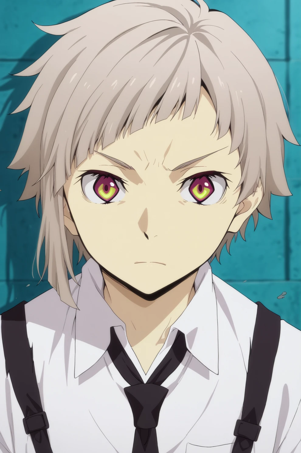 score_9, score_8_up, score_7_up, source_anime, perfect lines, 1boy, male focus, nakajima atsushi, grey hair, multicolored eyes, white shirt, black necktie, suspenders <lora:bungosd:1>