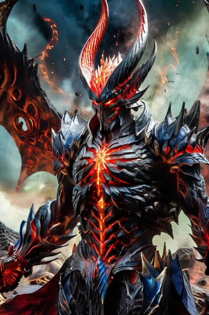 <lora:Sin_Devil_Trigger_Dante:1>A towering demonic figure with an ethereal, otherworldly presence, representing the Sin Devil Trigger from Devil May Cry. The creature has sleek, obsidian-black armor fused with glowing crimson and violet veins that pulse with fiery energy. Its enormous, sharp wings stretch out like jagged blades, emitting a faint luminescent aura of blue and red flames. The figure's face is menacing yet majestic, with glowing, piercing eyes radiating raw power and a devilish crown-like crest adorned with sharp horns. The environment is a fiery battlefield, surrounded by molten lava and swirling ash, with lightning cracking through the hellish skies. The Sin Devil Trigger stands in a dynamic pose, ready to unleash devastating power, with energy swirling around its hands and forming intricate runic patterns. The overall atmosphere is dark, epic, and full of chaotic energy, capturing the essence of unstoppable demonic strength.