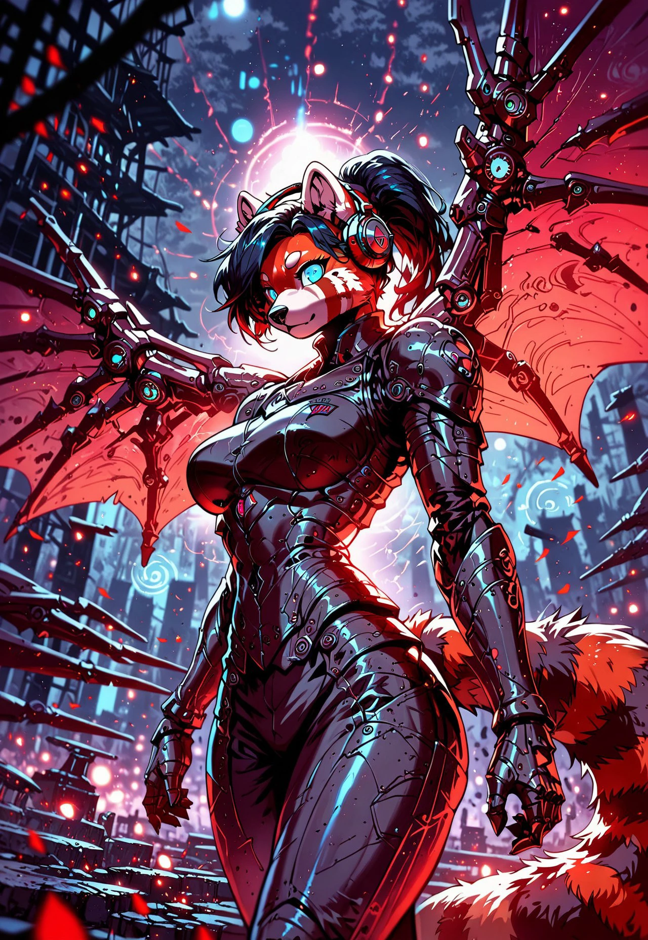 safe_pos, score_9, score_8_up, score_7_up, source_anime, cute furry girl, cyber girl, lexia, anthro red panda, cyborg, mechanical legs, technical arms, dark mecha, tech headphones, metal wings, gun, anthro red panda, black ponytail, fantasy, ghetto street, night, 1girl, beauty background, local fog, red-glowing-art, violet-glowing-background, blue-glowing-eyes, magic, mystery atmosphere, detailed fur, many fur, 8K, RAW, best quality, masterpiece, ultra high res, colorful, (medium wide shot), (dynamic perspective), sharp focus, (depth of field, bokeh:1.3), extremely detailed eyes and face, beautiful detailed eyes,large breasts, ((masterpiece, best quality)), Detailed background, ShinyStyle