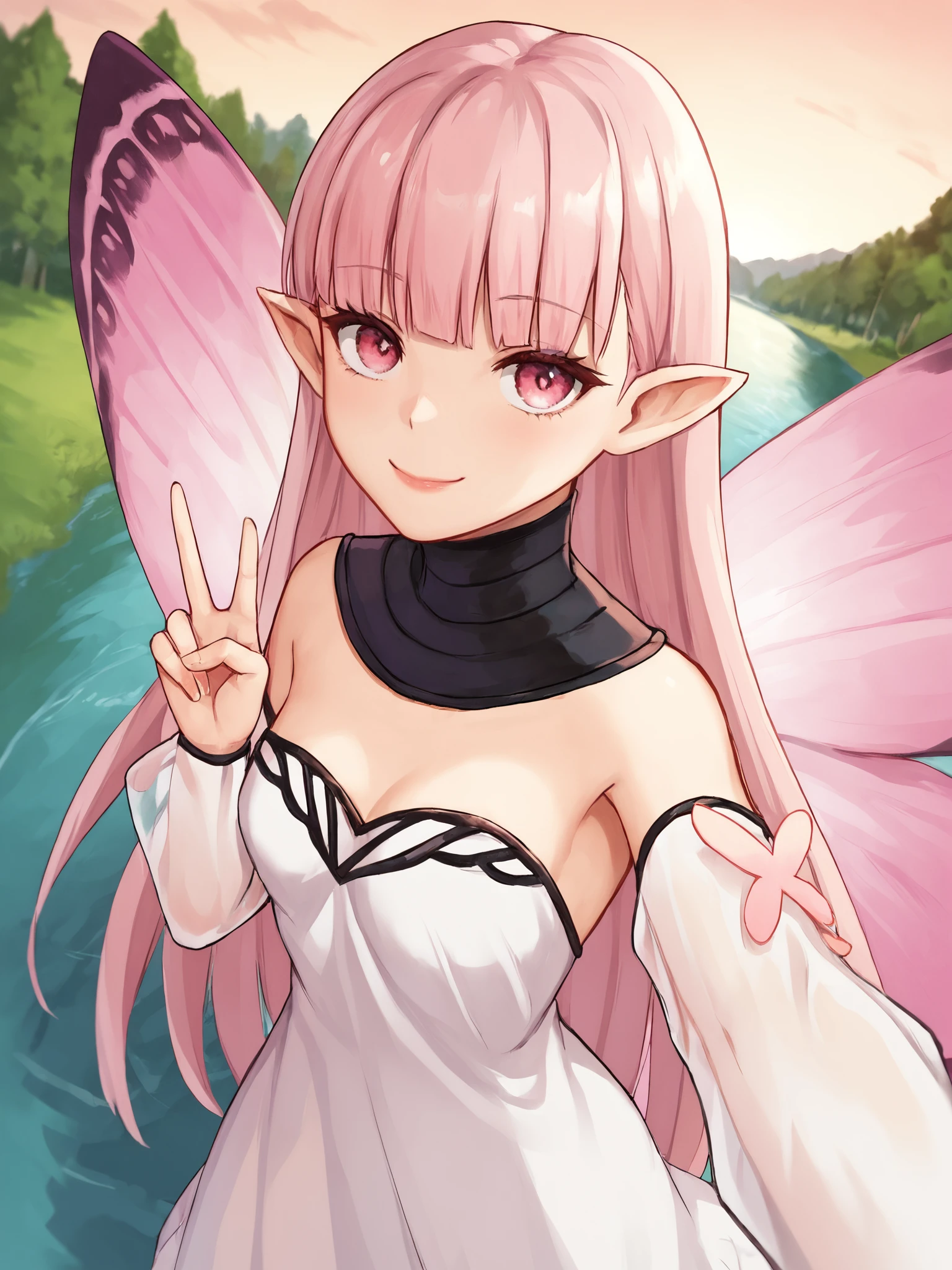 score_9, score_8_up, score_7_up, BREAK,
1girl, solo, BREAK,
coralfategrandorder, fairy, pink eyes, pointy ears, long hair, pink hair, blunt bangs, white dress, detached sleeves, bare shoulders, puffy sleeves, butterfly ornament, see-through sleeves, medium breasts, butterfly wings, fairy wings, insect wings, pink wings,  <lora:Coral:0.7>, BREAK,
small breasts, smile, looking at viewer, selfie, v, peace sign, reaching towards viewer, hand out of frame, BREAK,
from above, dutch angle, outdoors, town, houses, river, fountain, skyline, orange sky, purple sky