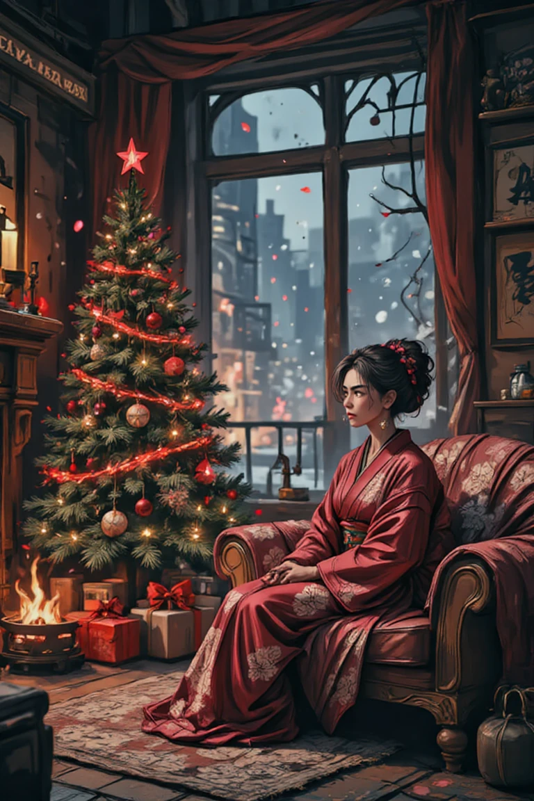 A warm and inviting Christmas living room scene: a beautifully decorated tree stands tall beneath a cozy blanket, surrounded by vibrant gifts wrapped in shimmering paper. Glowing light trails radiate from select presents, symbolizing achievements and rewards. A crackling fire dances in the fireplace as soft snowflakes gently fall outside the window, casting a serene ambiance. A kimono-clad figure sits comfortably on the couch, surrounded by holiday cheer, basking in the joy of accomplishment and celebration.,blue light