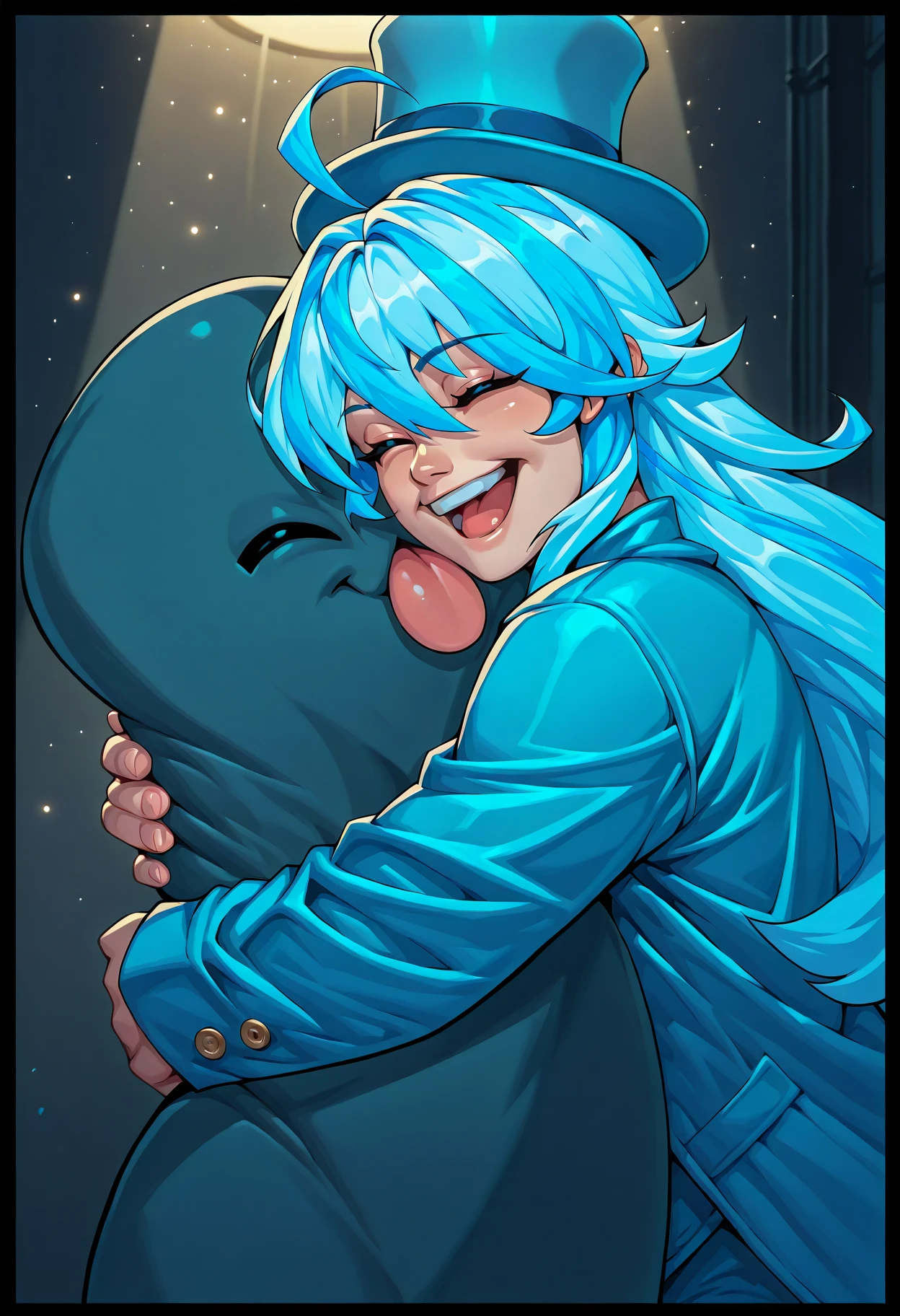 1girl, ahoge, blue hair, blue hat, blue jacket, closed eyes, hair between eyes, hat, hug, jacket, light blue hair, long hair, long sleeves, multicolored hair, open mouth, smile, solo, streaked hair, teeth, tongue, top hat, upper teeth only, white hair, best quality, very aesthetic, absurdres, B4CH3L0 , cinematic lighting, cinematic angle, comic art style, extremely detailed, illustrated <lora:B4CH3L0_Style_Illustrious__Pony:0.8>