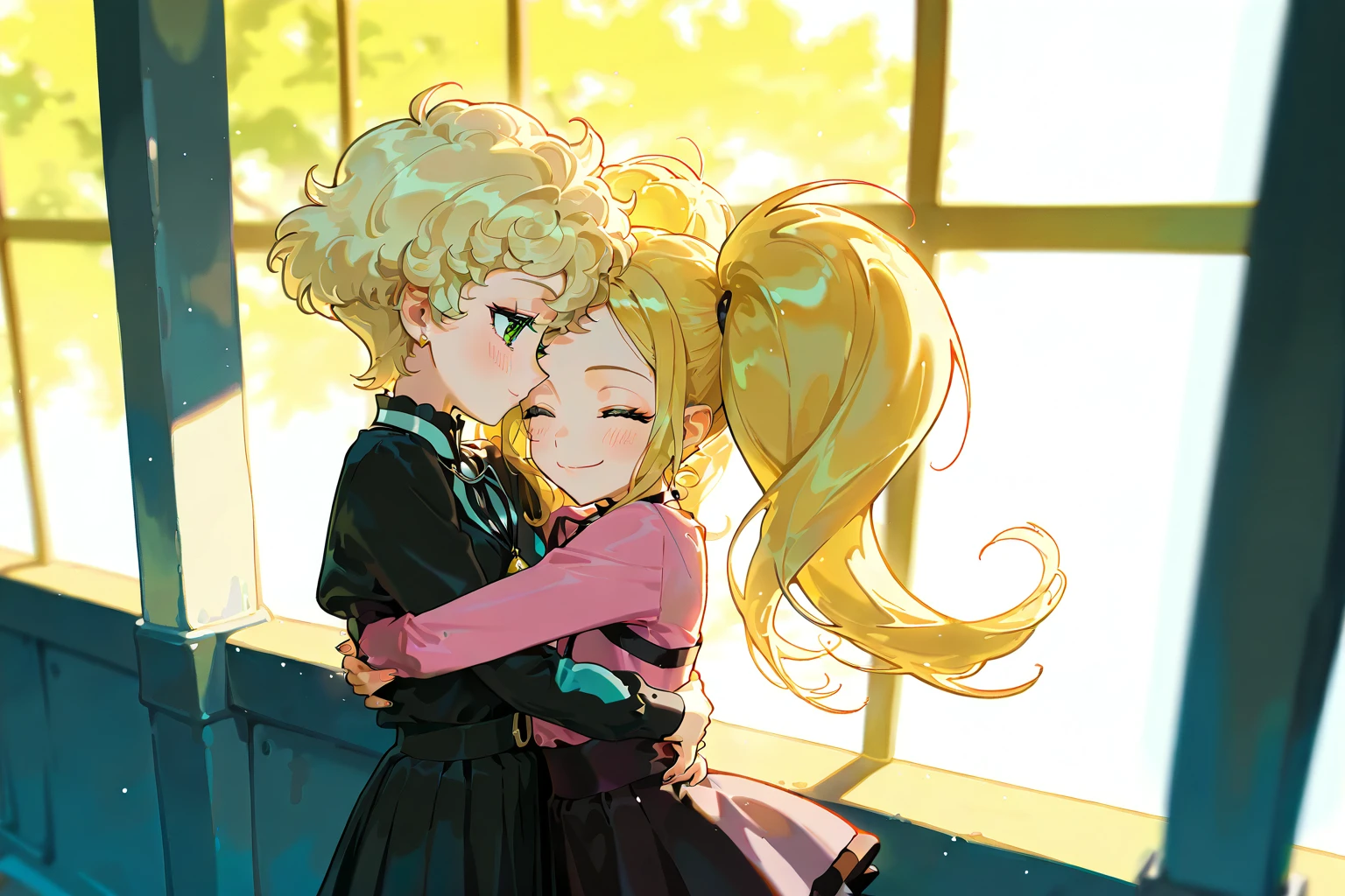 (Masterpiece, Best Quality), insaneres, (8k resolution), absolutely fabulous, cowboy shot, blurry foreground, full angle view, depth of field, (depth), cinematic illustration of a girl, sugar_rune, scenery, bangs, 2girls, short hair, blonde hair, curly hair, long hair, twintails, smile, green eyes, blush, hug, closed eyes, SOFT PALETTE, bloom, manga, traditional media