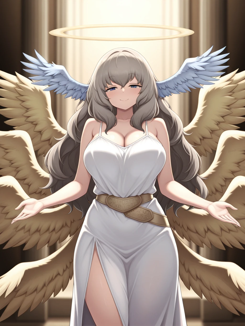 1girl, solo, Eden, brown hair, grey hair, long hair, head wings, blue eyes, wings, angel wings, feathered wings, angel, multiple wings, halo, cleavage, dress, standing, smile, 

masterpiece, best quality,amazing quality, very aesthetic, absurdres, depth of field, blurry background, dark, extremely detailed face, detailed eyes, dark colors, (dynamic pose)