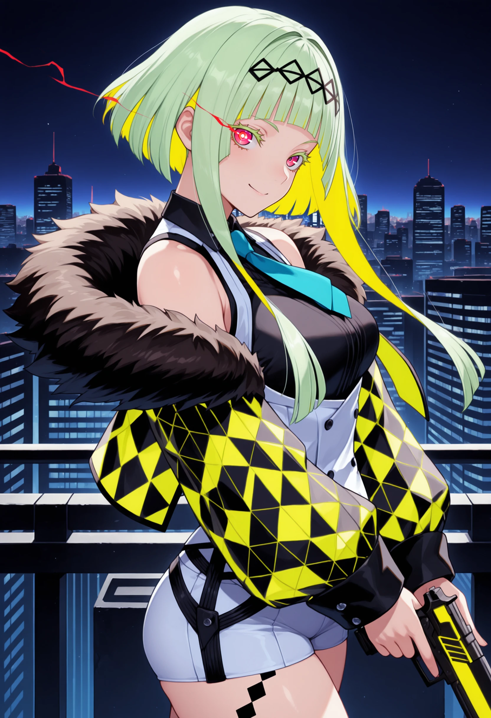 masterpiece, best quality, solo, 1girl, smile, looking at viewer,  <lora:Ringo-illus_Fp:1>, ringosh2, short hair with long locks, red eyes, green hair, colored inner hair, colored eyelashes, hairband, collared shirt, white vest, white shorts, necktie, black shirt, cropped jacket, fur trim, off shoulder, body markings, eye trail, holding gun, from side, cityscape,