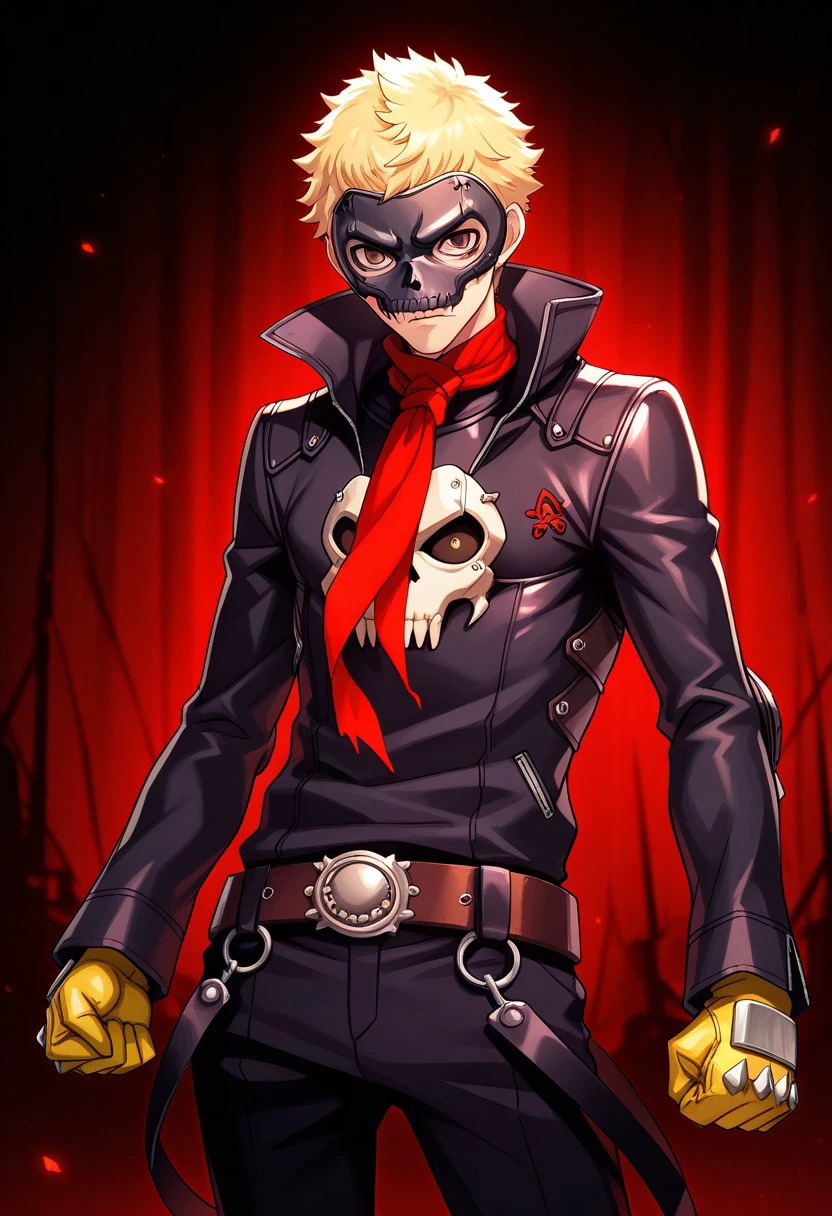 masterpiece, best quality, 
ryuji, 1boy, male focus solo, brown eyes, blonde hair, short hair, skull outfit, mask, skull mask, jacket, black jacket, high collar, leather jacket, leather, scarf, red scarf, gloves, yellow gloves, belt, pants, black pants, indoor, darkness, dark, lights, red lights, clenched fist