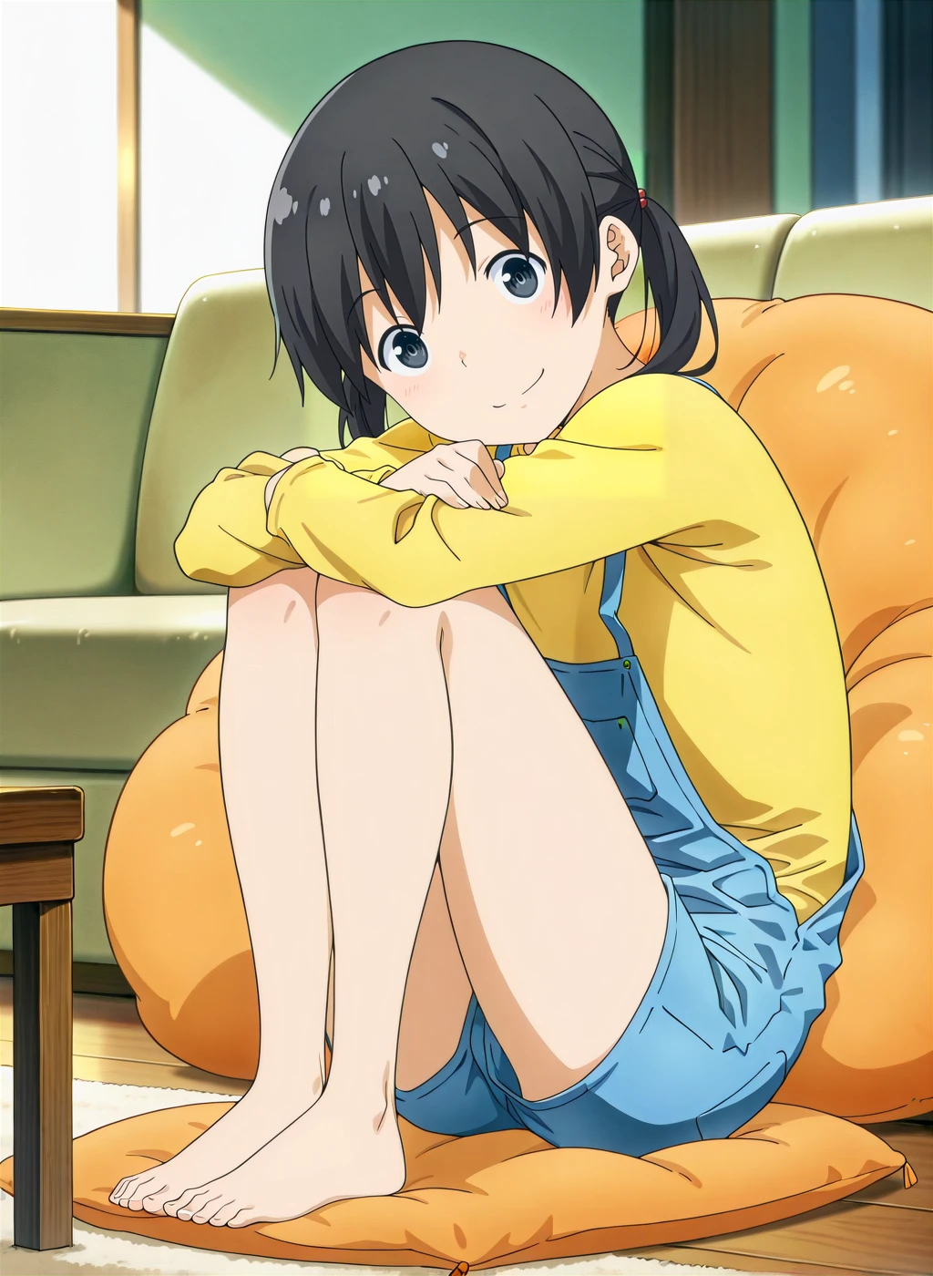 anime,sensitive,uncensored,High quality,Ultra detailed,best quality,insanely detailed,beautiful,masterpiece,perfect lighting BREAK
1girl,solo,<lora:kuramoto_chinatsu_V1_IL:1>,(kuramoto chinatsu, black eyes, black hair, long hair, short twintails, female child),(overall shorts,suspenders, yellow shirt, barefoot),smile,from_side,indoors,cushion,carpet,couch,,looking_at_viewer,