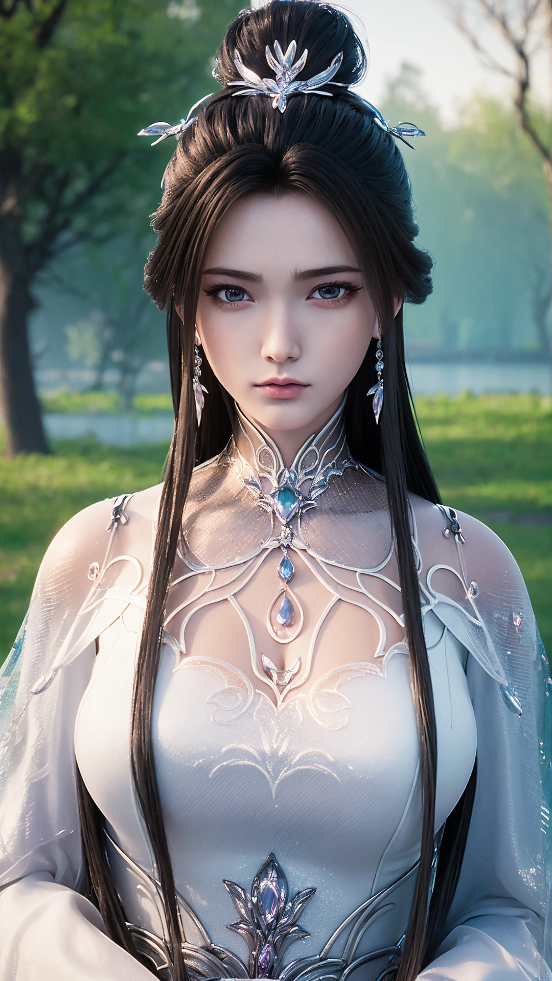 1girl,solo,l long hair,l hair bun,l earrings,l hair ornament,closed mouth,l hanfu,(looking at viewer),outdoors,((sunlight)),in spring,(fantasy sakura sea:1.3),(fallen sakura),(lake),fantasy style,upper body,depth of field,Highly detailed,(ultra-detailed),(best quality:1.5,masterpiece:1.5),(SFW:1.5),<lora:luxueqi-000012:0.85>,