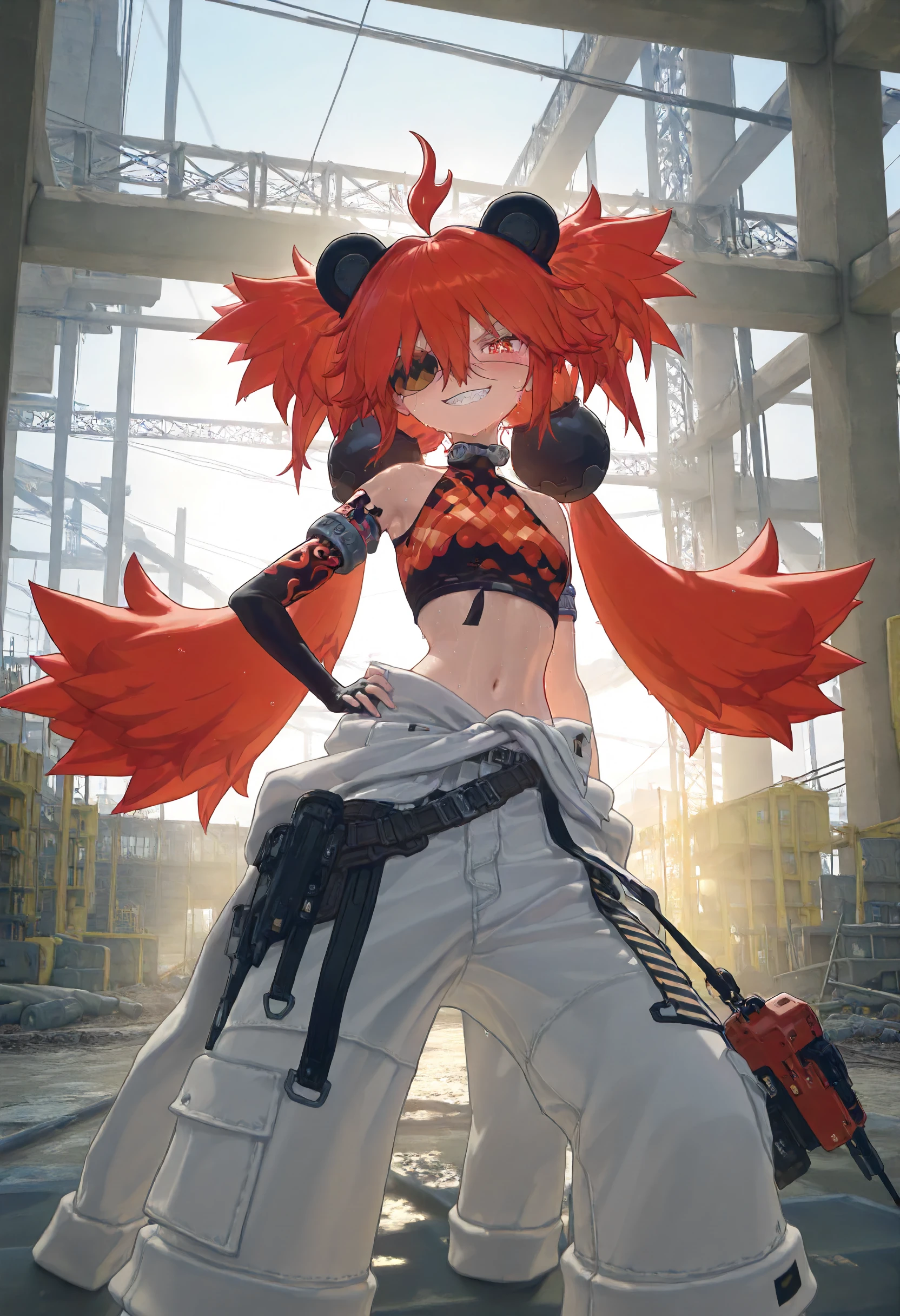 masterpiece, best quality, amazing quality, very aesthetic, absurdres, newest, scenery, volumetric lighting, perfect eyes, ultra detailed,
1girl, Koleda Belobog, solo, red hair, messy hair, red eye, black pupil, twintails, ahoge, fake bear ears, eyepatch, hair ornaments, 
collar, crop top, armbands, one sleeve, fingerless gloves, shoulder cut, midriff, navel, jacket tied around waist, construction pants, white pants, red boots,belts, gadgets on hip,
standing, looking at viewer, grin, sharp teeth, blushing, sweating,
outdoors, construction site, beams, detailed background, backlighting,
<lora:Koleda_Belobog_-_Zenless_Zone_Zero_ZZZ__Illustrious:1>
masterpiece, best quality, amazing quality, very aesthetic, absurdres, newest, scenery, volumetric lighting, perfect eyes, ultra detailed,