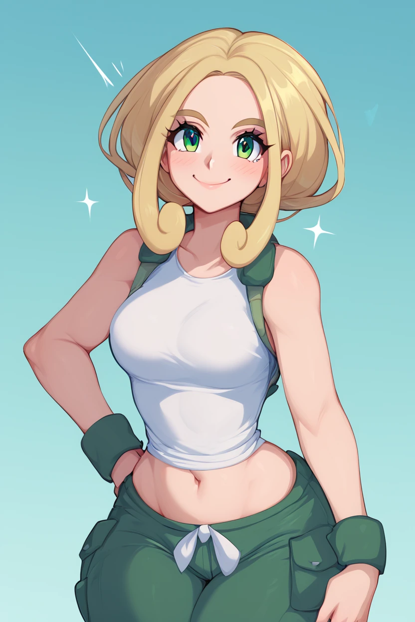 score_9, score_8_up, score_8, medium breasts, (curvy), cute, eyelashes,       ,,, , ,,, zzViola, green eyes, blonde hair, sleeveless shirt, white shirt, wristband, green pants, midriff, <lora:Viola_Pokemon_PDXL:0.8>,      ,,,, BREAK, <lora:Afrobull_PDXL_v5:0.8>,  ,,, BREAK, smile, looking at viewer, closed mouth, cowboy shot,  ,,, embedding:zPDXL, Expressiveh, ,,, <lora:SDXLFaeTastic2400:0.5>, <lora:Expressive_H-000001:0.4>,