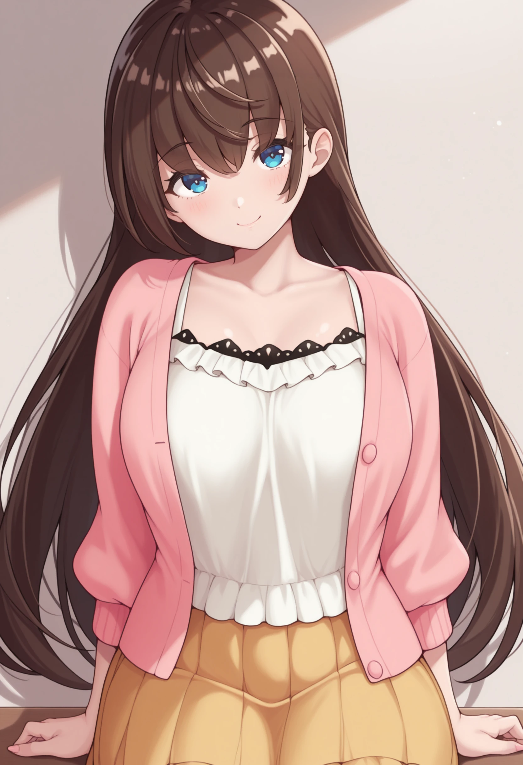 masterpiece, best quality, solo, 1girl, smile, looking at viewer,  <lora:Mio-illus:1>, mio, brown hair, blue eyes, long hair, pink cardigan, white camisole, yellow skirt,