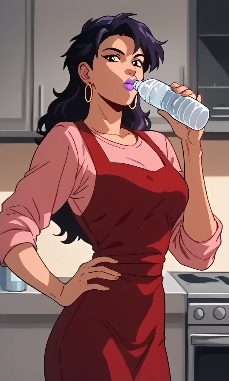 sl1c3d1c3, 1girl, drinking, hydrate, holding water bottle, hand on hip, looking at viewer, pink shirt red dress, red hoop earrings, purple lips, sexy, kitchen background, <lora:PONYXL_LewisArt_ownwaifu:0.4>, <lora:Sliced_Ice_-_Skysurfer_Strike_Force_v1:0.7>, <lora:DrinkingDwntsy:0.8>, score_9, score_8_up, score_7_up, score_6_up, score_5_up, score_4_up,