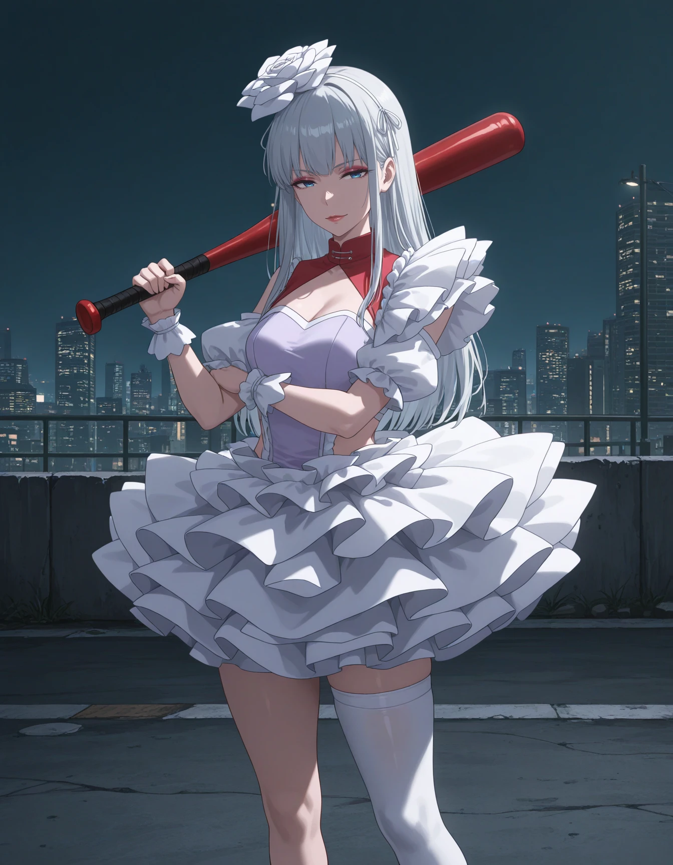 1girl, solo, manamiAMW, grey hair, long hair, blue eyes, makeup, lips, narrowed eyes, white hair ornament, white clothing, light purple dress, asymmetrical clothes, white skirt, asymmetrical legwear, white thighhigh, holding baseball bat, looking at viewer, night, dark theme, city, concrete, three quarter view, (from side:0.7), masterpiece, best quality, very aesthetic <lora:manami_supernova_yamagishi_i_v1:0.8>