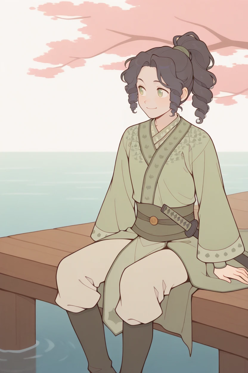 masterpiece, best quality, 1boy, solo,
<lora:MeiLanIllustriousV1:1> meiyaolan, green eyes, black hair, curly bangs, curly hair, ponytail,
looking away, long sleeves, ribbon, hair ribbon, sitting, pier, sitting on pier, hand raised, cherry blossom, sakura blossom, flower, smile, weapon, boots, sword, water, katana, scabbard, spider lily,
<lora:KitsuneHanfuIllustriousV1:1> kitsunehanfu, green hanfu