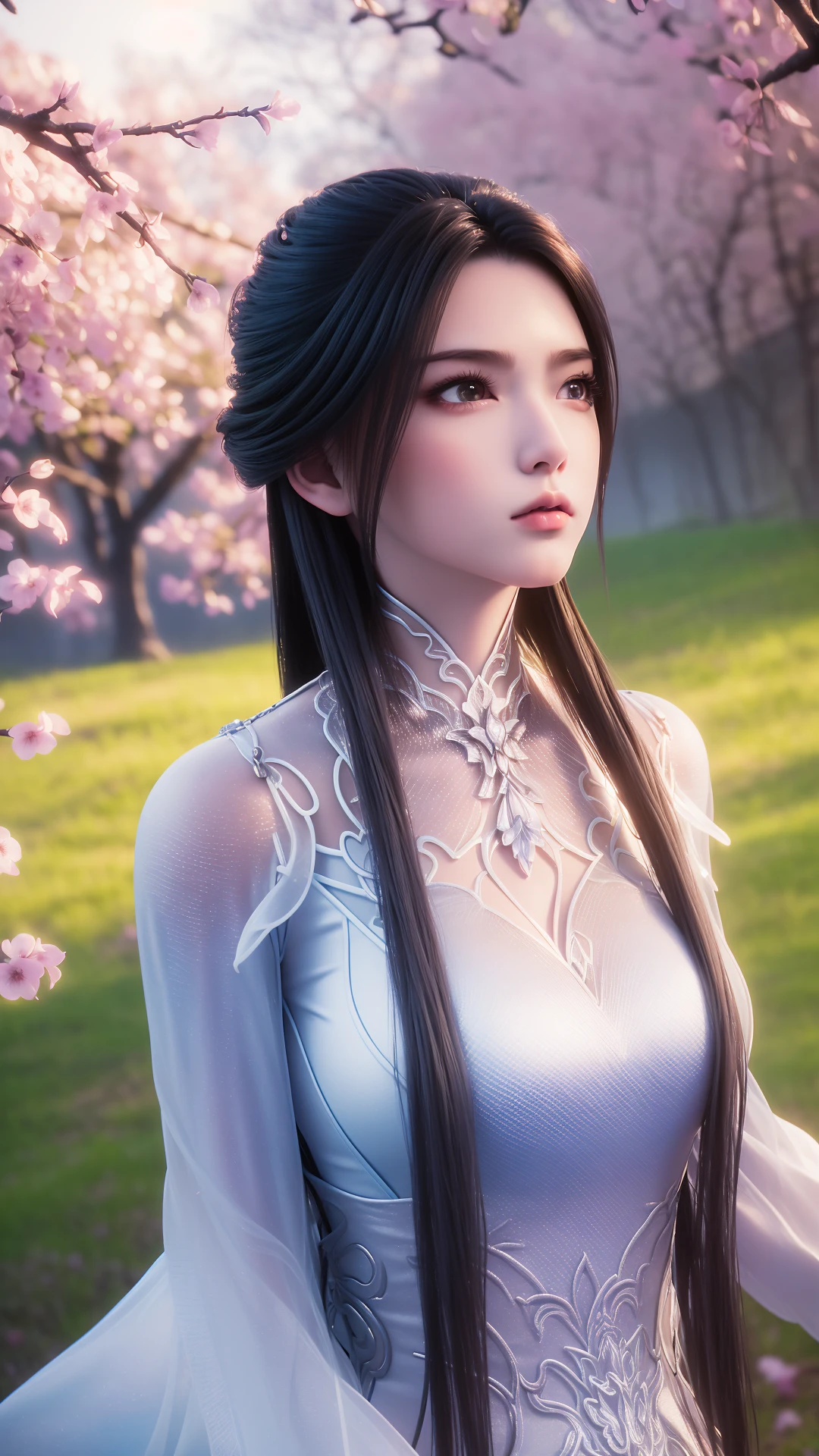 1girl,solo,long hair,l hanfu,closed mouth,gigantic breasts,outdoors,((glowing)),day,sky,((sunlight)),((plum blossoms)),river,romantic,fantasy style,depth of field,Highly detailed,(ultra-detailed),(best quality:1.5,masterpiece:1.5),(SFW:1.5),<lora:luxueqi-000012:0.9>,