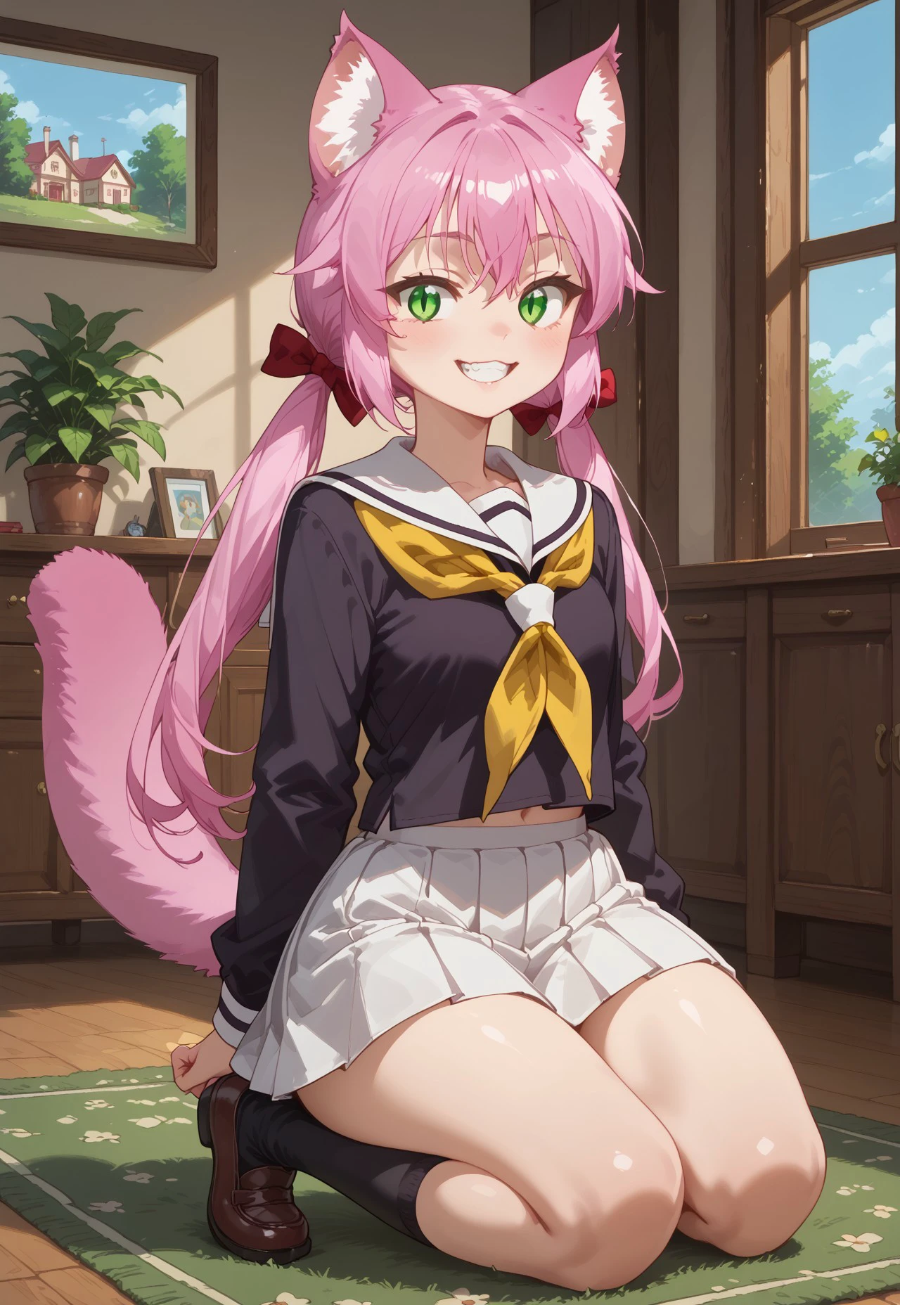 safe_pos, score_9, score_8_up, score_8, score_7_up,
House, living, rug, Windows,
BREAK, 1girl,
1girl, animal ears, solo, tail, green eyes, skirt, yellow neckerchief, school uniform, long hair, smile, cat ears, white skirt, twintails,neckerchief, pink hair, animal ear fluff, cat tail, full body,
teeth<lora:Expressive_H:1>,Expressiveh
