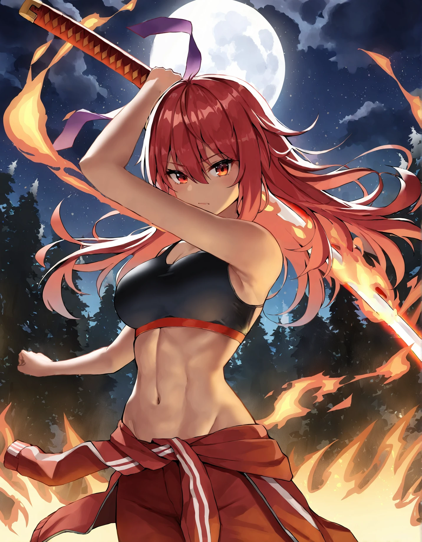 1girl, armpits, black sports bra, breasts, closed mouth, clothes around waist, cloud, cloudy sky, dark-skinned female, dark skin, fire, forest, full moon, groin, hair between eyes, jacket, jacket around waist, katana, large breasts, linea alba, long hair, looking at viewer, moon, nature, navel, night, night sky, official alternate eye color, official alternate hairstyle, ootachi, pants, plant, purple ribbon, pyrokinesis, red eyes, red hair, red jacket, red pants, red track suit, ribbon, sky, solo, sports bra, star \(sky\), starry sky, tan, toned, tree, very long hair, masterpiece,best quality,newest,recent,absurdres,very awa,detailed shading, dynamic lighting,
<lora:hinaMaybeBetterPoseXL_v5-NoobAI:0.7>