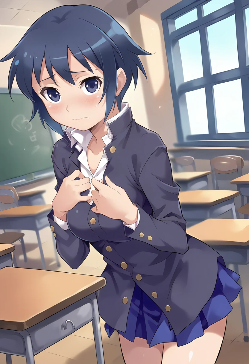 score_9, score_8_up, score_7_up, masterpiece, source_anime, 1girl, ct yu, short hair, blue hair, blue eyes, jacket, long sleeves, white collared shirt, blue short skirt, shiny skin, looking at viewer, indoors, chalkboard, school, blush, cowboy shot, embarrassed, school desk, hand on chest, leaning forward,<lora:Yu_Pony_ct-000006:0.9>