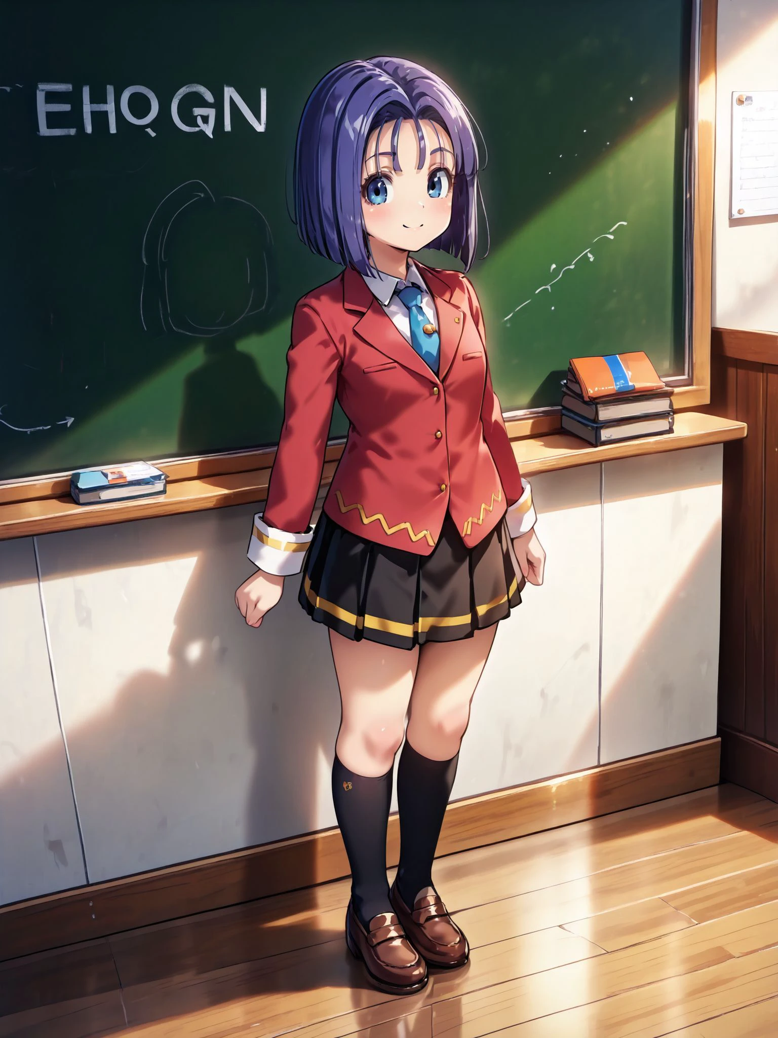 masterpiece,best_quality,1girl,solo,<lora:rikka dq9 2outfits_illustriousXL:0.8>,rikka dq9,red jacket,necktie,white shirt,black skirt,black kneehighs,loafers,full body,standing,smile,looking at viewer,school,chalkboard,