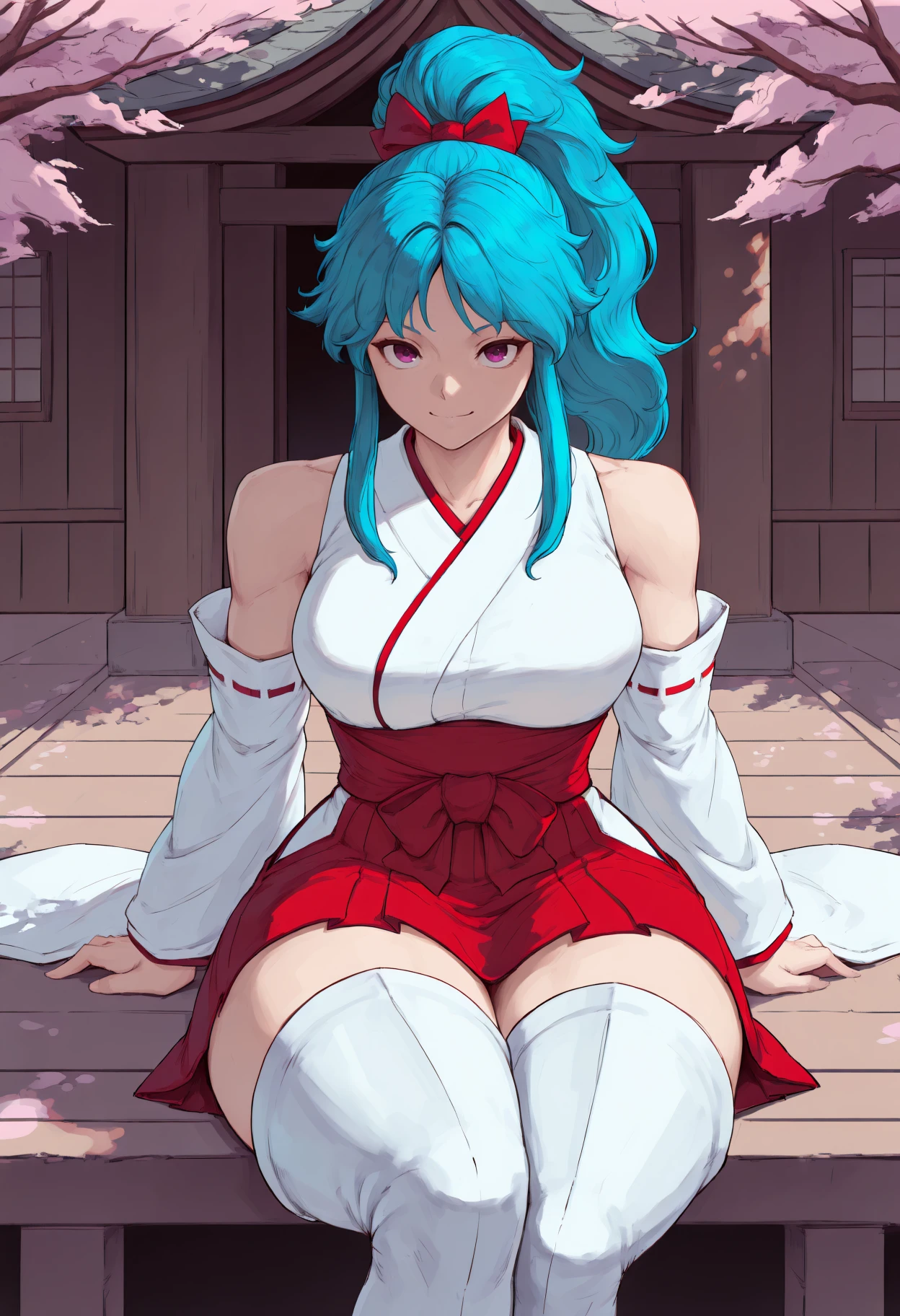 masterpiece, best quality, toned,
yybtn, 1girl, long hair, high ponytail, sidelocks, blue hair, purple eyes, 
hair bow, nontraditional miko, detached sleeves, wide sleeves, bare shoulders, red ribbon, thigh boots, white boots,cherry blossoms,dappled sunlight,shrine,cowboy shot,sitting,smile,
<lora:yybtn_idxl_EliPot:1>