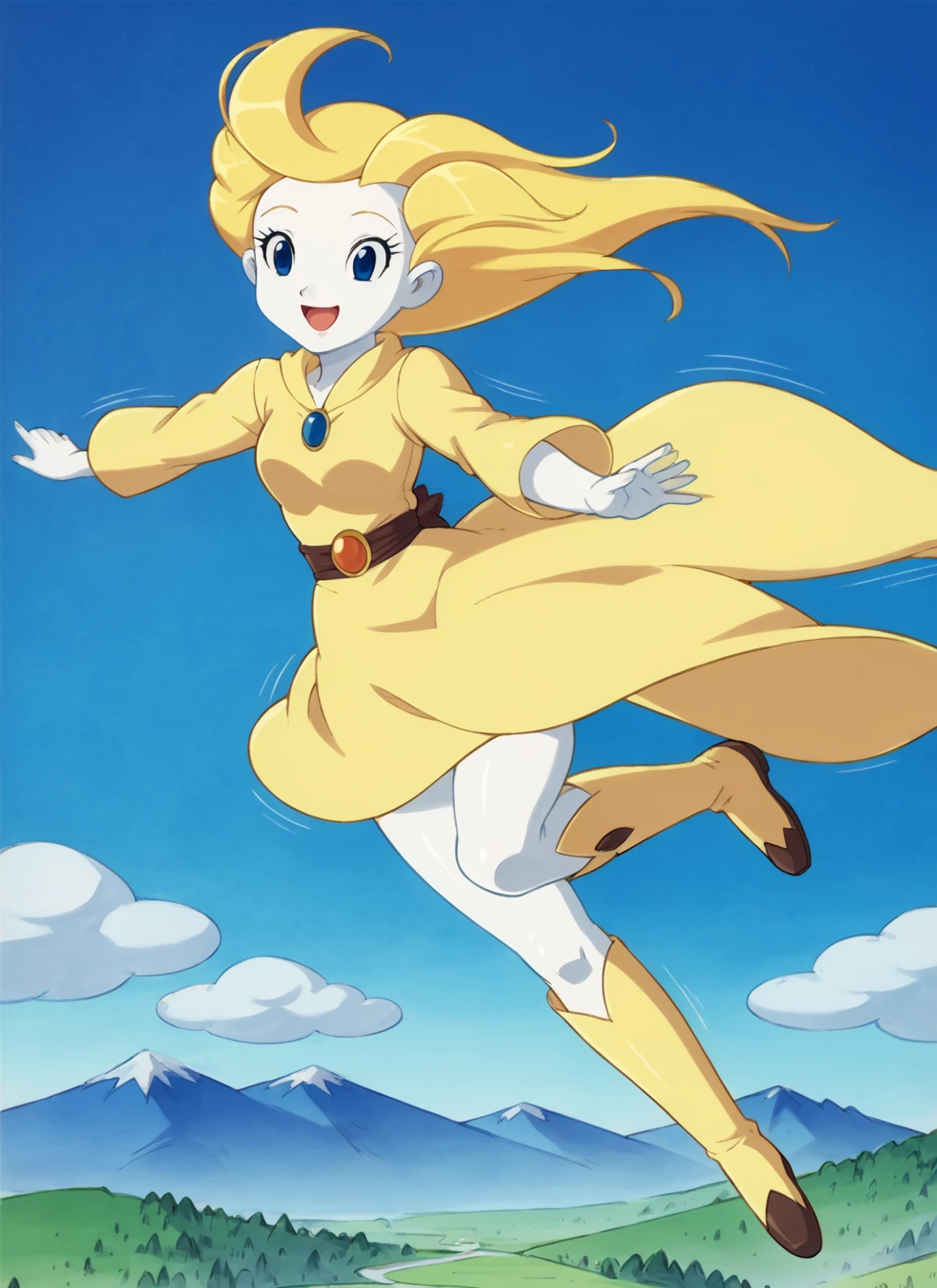 score_9, score_8_up, score_7_up, source_anime, BREAK, high quality, masterpiece, shaded, highres, solo, blonde hair, open mouth, smile, pale white skin, sky, 1girl, monster girl, clouds, blue sky, blue eyes, windy(dragon tales), flying, mountain, wind, dark clouds, motion lines, <lora:Windy_the_whistling_wind_dragon_tales:0.9>